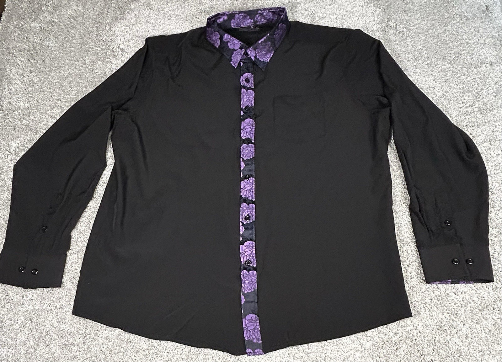Barry Wang Contrast Trim Shirt Mens XL Black Purple Floral Flip Cuff Long Sleeve