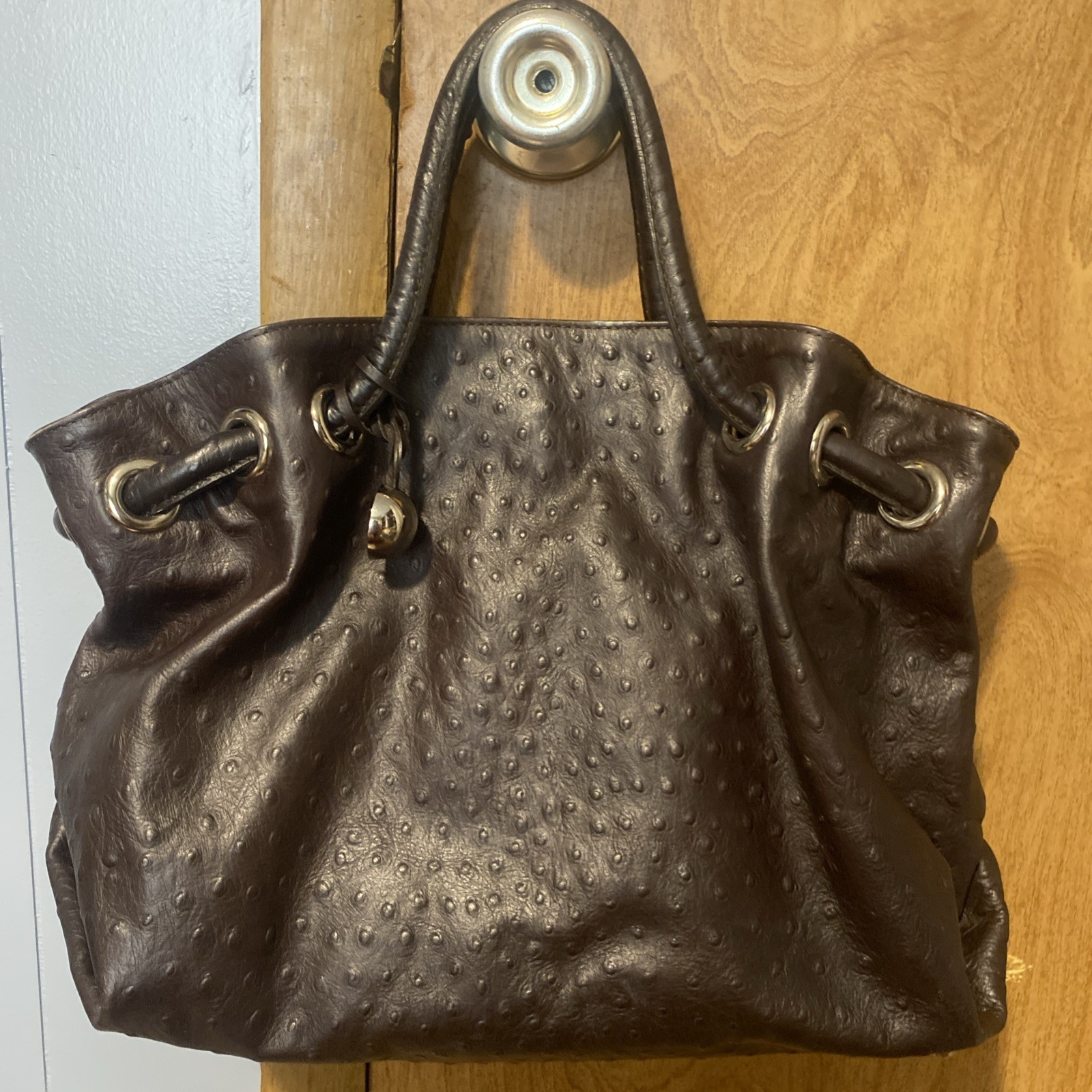 Furla Ostrich Embossed Leather Dark Brown Satchel Bag