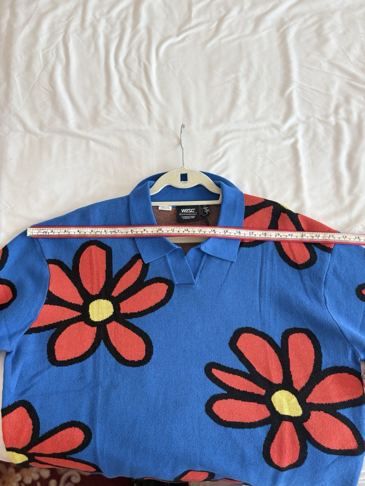 NWT WESC SIZE L MENS BLUE FLORAL COTTON KNIT COLLARED PULLOVER POLO AMAZING!