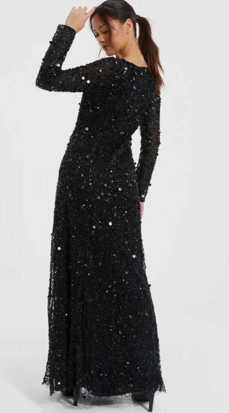 Quiz Embellished Black Sparkle Evening Dress Gown – sz 6 / 10 UK -msrp $350