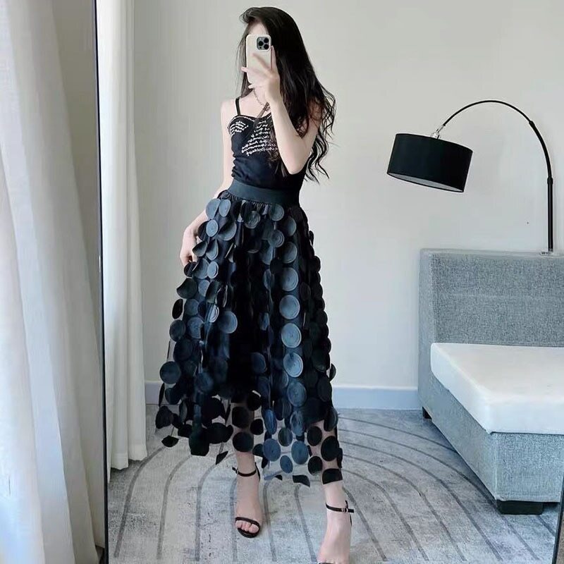 Mesh Long Skirts Fashion Elastic High Waist Tulle Skirt Casual A-Line Skirt