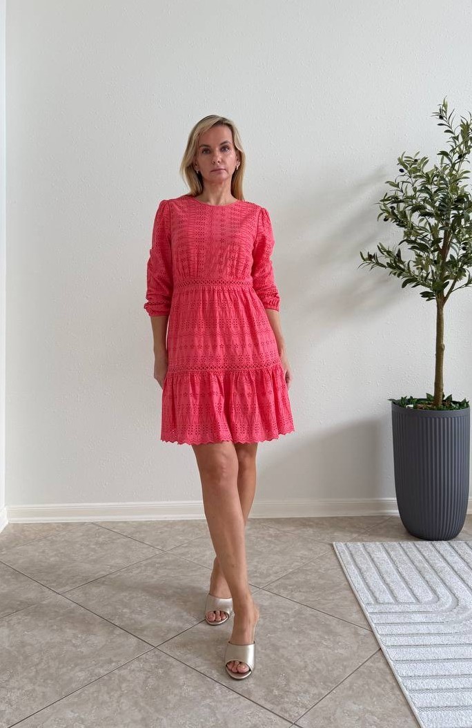 J.Crew Pink Eyelet Cotton Tiered Mini Dress Women’s 4 Long Sleeve Slip Lined