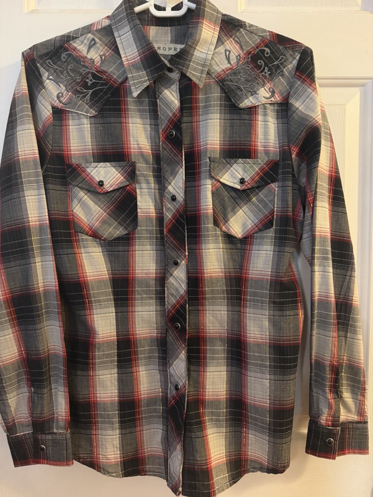 Roper M Plaid Woven Snap Button-Up Shirt Long Sleeve Pockets Embroidered Yoke