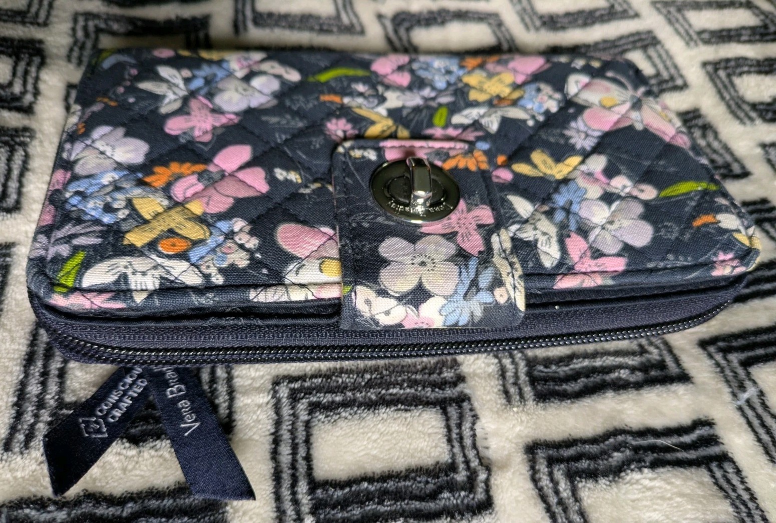 Vera Bradley Turn Lock Zip Wallet, RFID, Midnight Wildflowers Retired Print