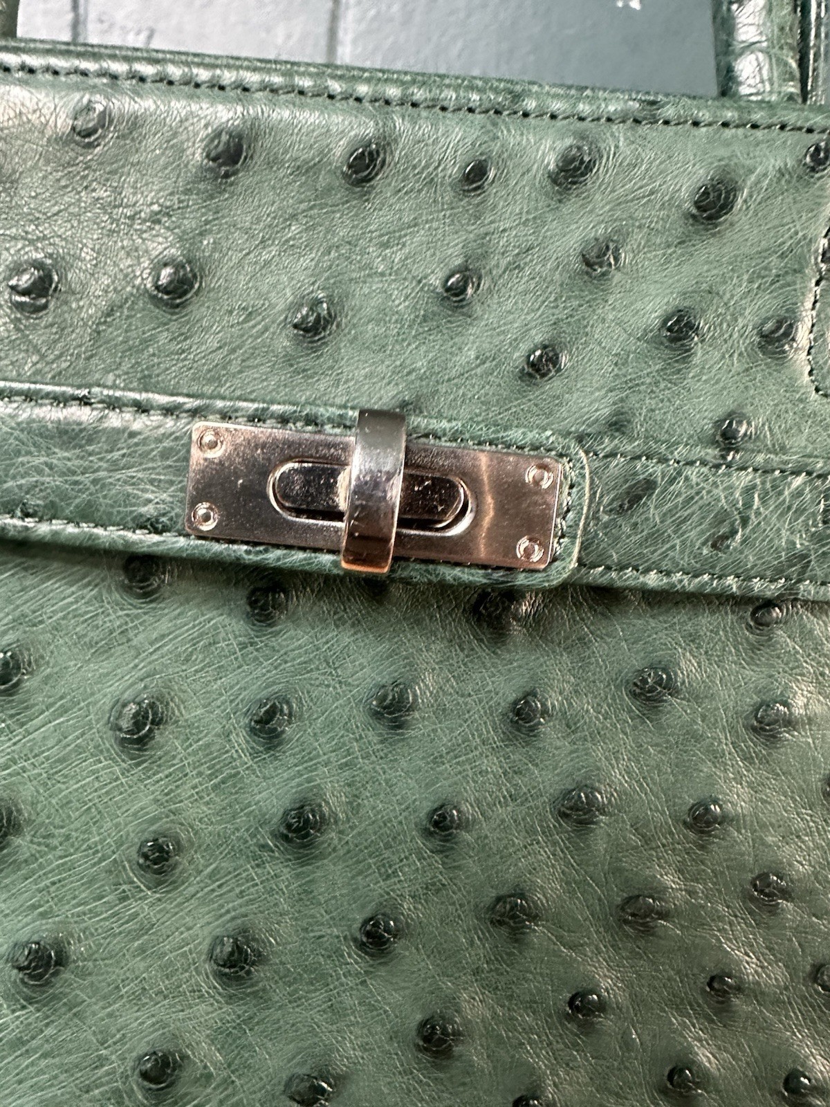 JRA Celencee Nicola Ferri Green Ostrich Leather Top Handle Bag