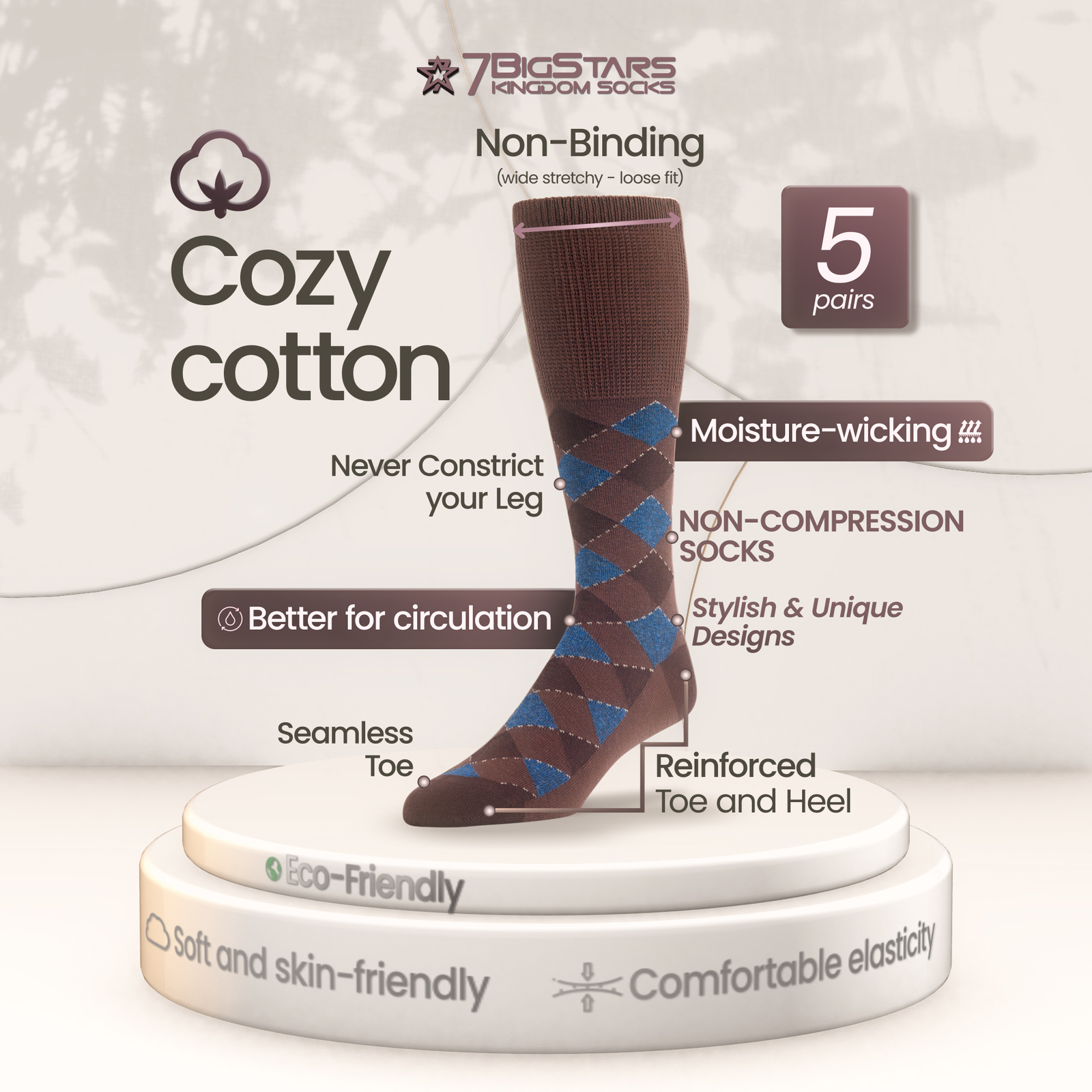 Men Diabetic Cotton Mid-Calf Socks 5 Pack XLarge Argyle Stripe Brown Denim Blue