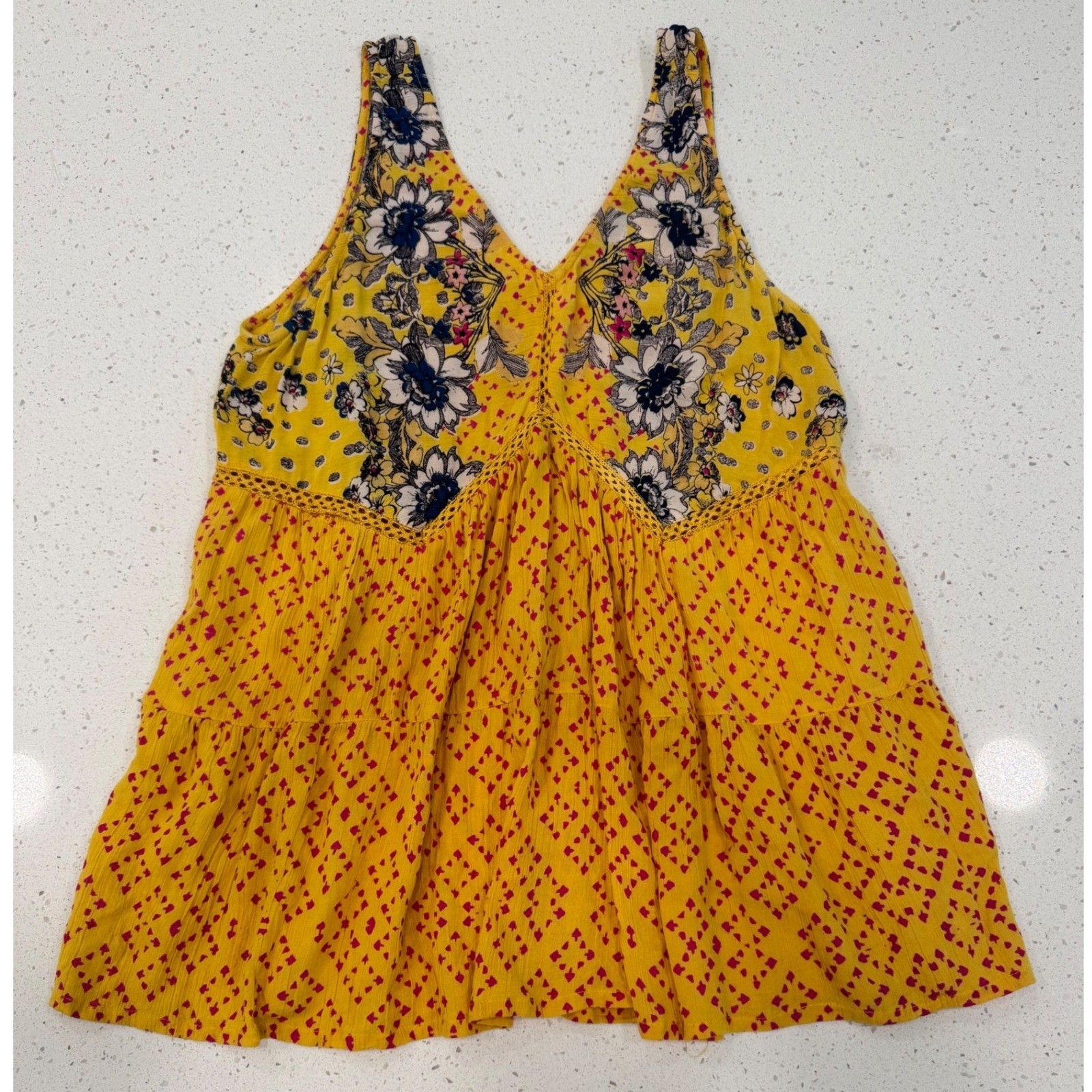 Blue Rain Babydoll Top Women Size L Yellow Excellent Floral Boho Tiered Tank