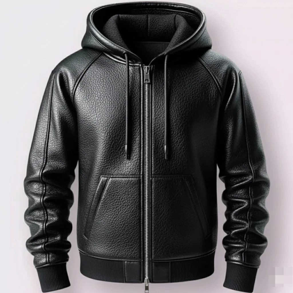 Men’s Black Premium Leather Hoodie Handmade Genuine Lambskin Leather Hoodie