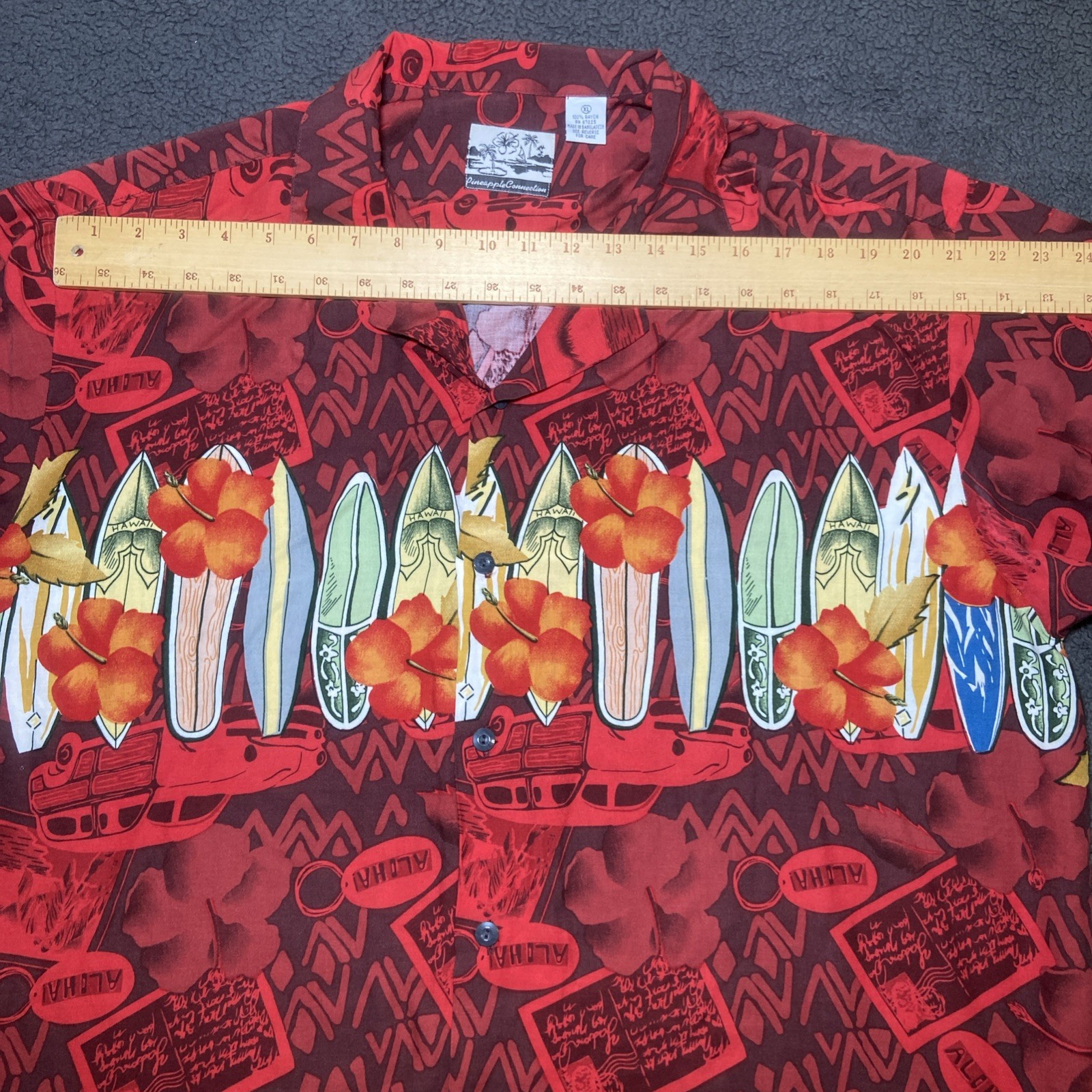 Vintage Pineapple Connection Hawaiian Shirt Men Size XL Rayon Surfing Boards Red