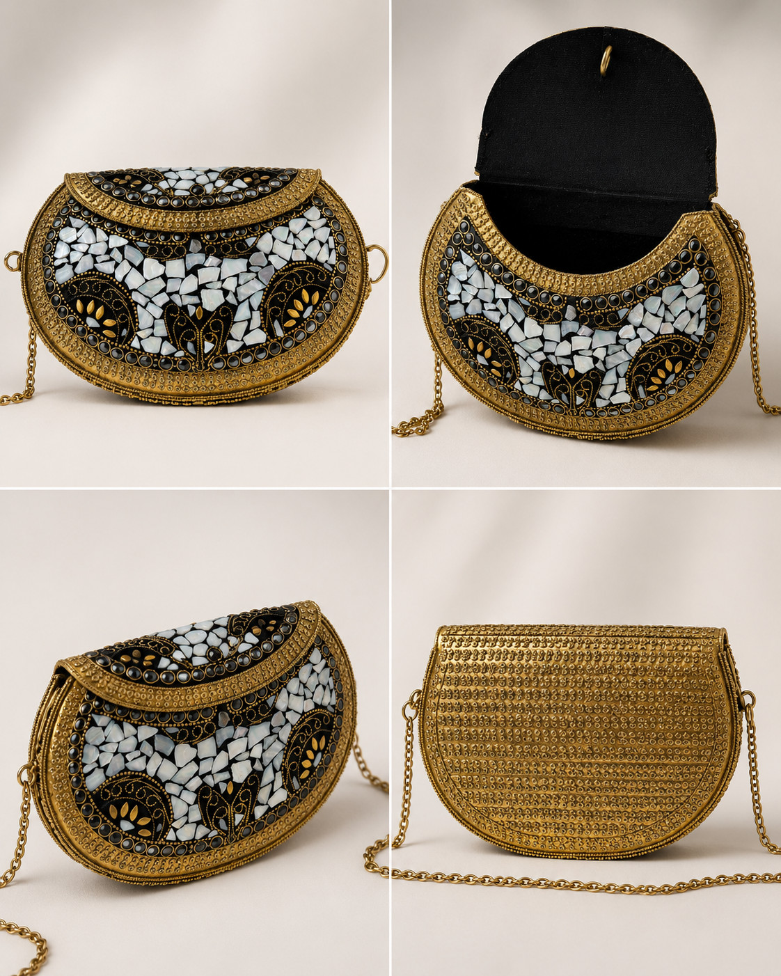 Vintage Mosaic Clutch Bag | Gold Black Pearl Shell Evening Purse Crossbody