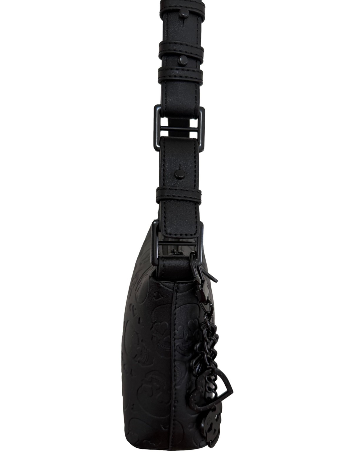 Betsey Johnson XO Marine Allover Skull Embossed Black Faux Leather Shoulder Bag