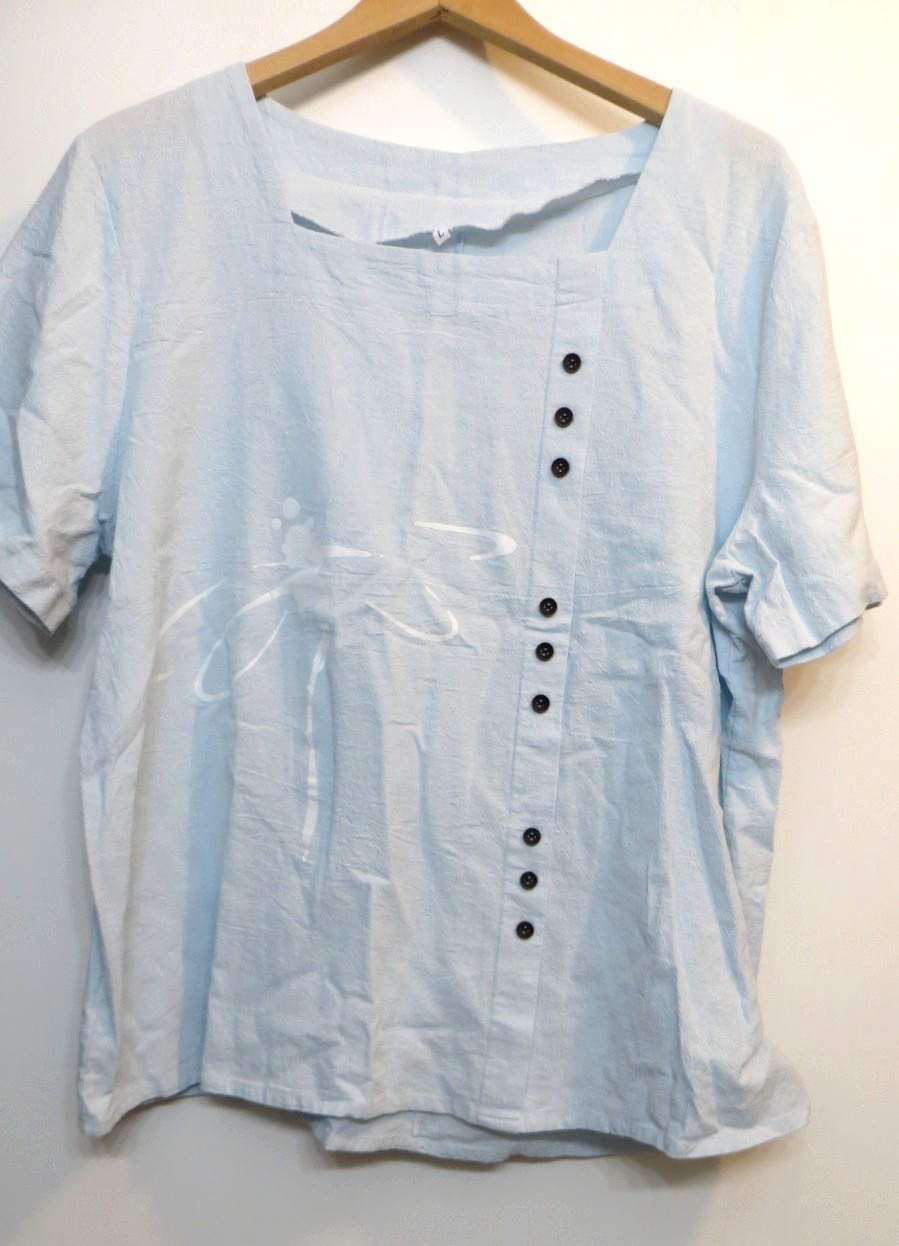 Shirt Womens Large Blue White Dragonfly Insect Garden Boho Pullover Nature Top