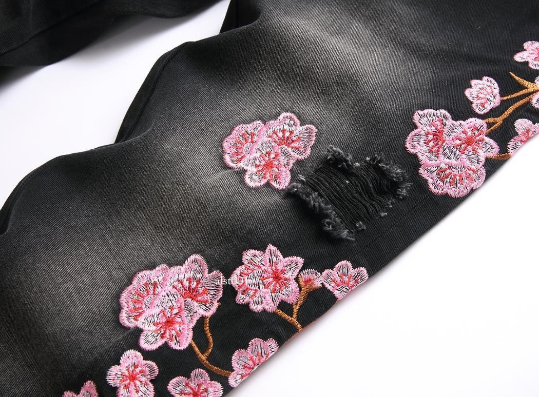 Men’s Black Denim Jeans Straight Leg Casual Pants Floral Embroidery Punk Hip Hop