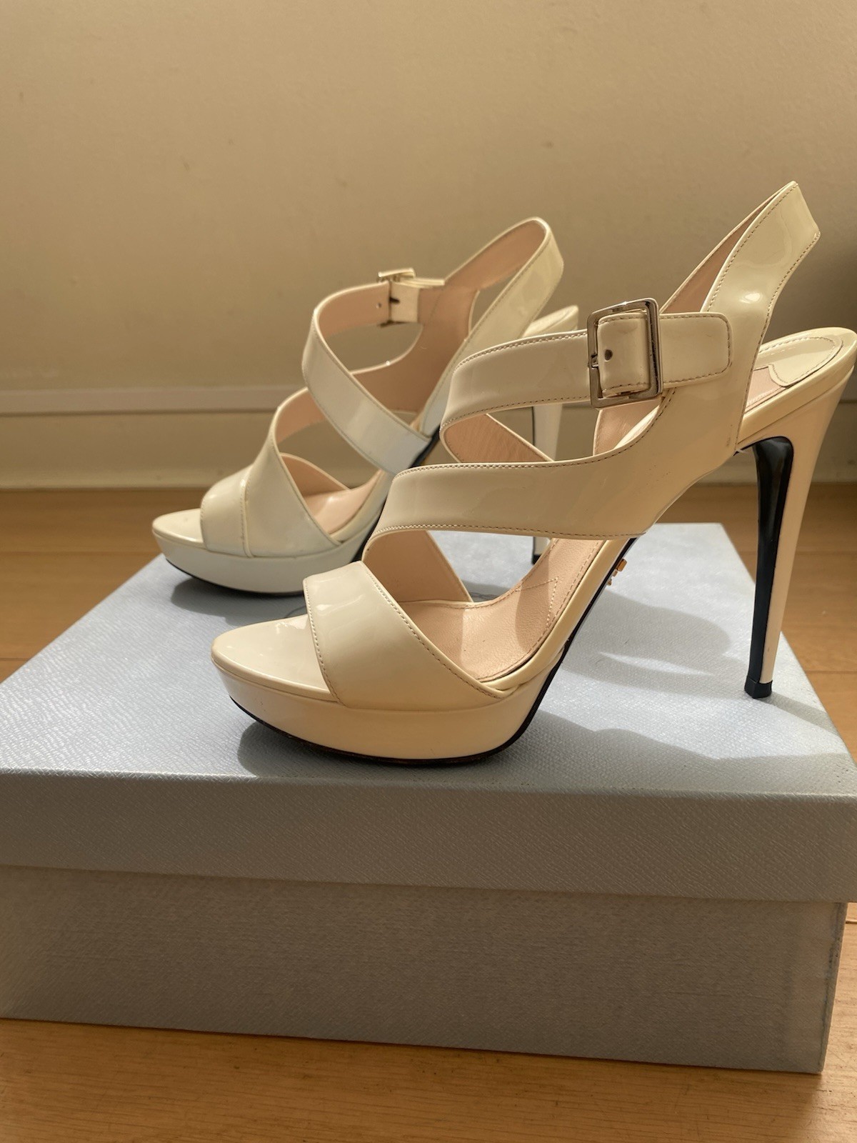 PRADA Leather Stiletto Strappy Sandals Heels 12cm in Bianco/cream 37.5 Aus 6.5