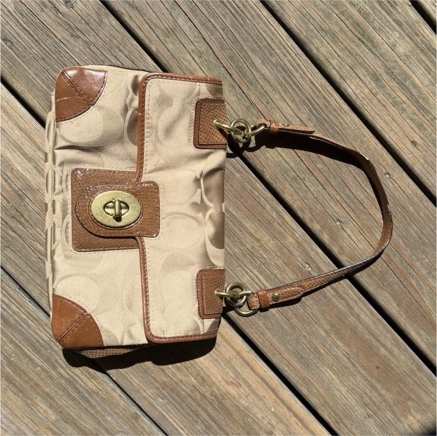 Coach Signature Logo Beige/Brown Satchel Top Handle Turnlock Zip Gold