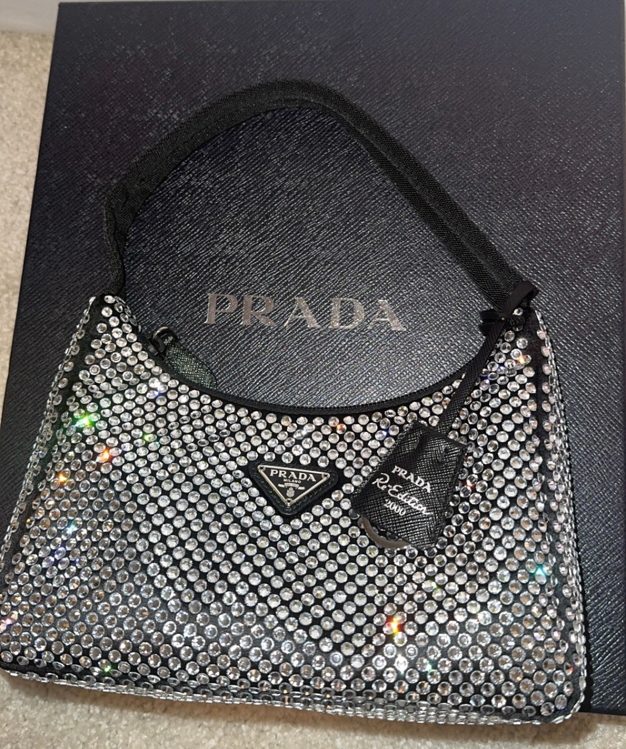 Authentic Prada Re-Edition 2000 Crystal Embellished Satin Mini Shoulder Bag