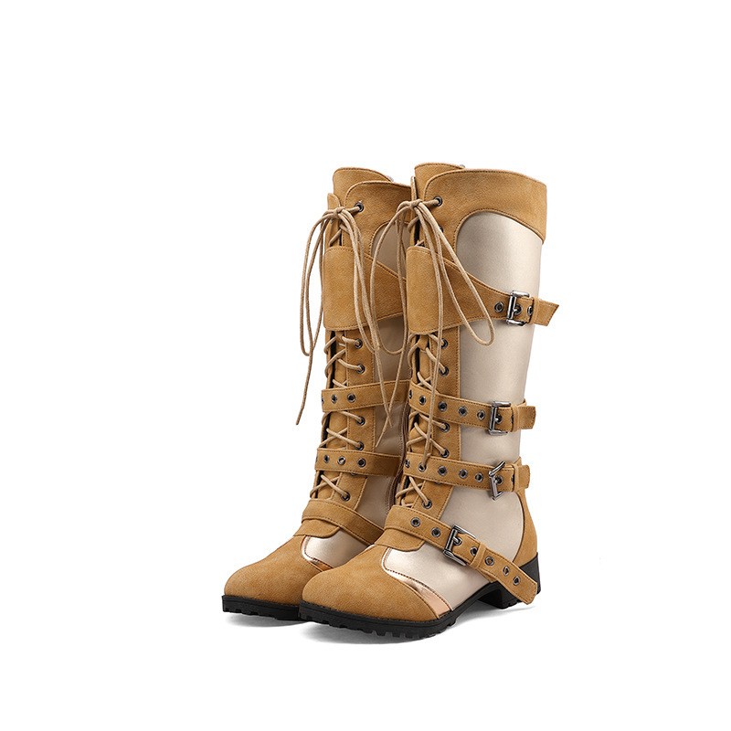 2026 Belt Buckle Round Toe Side Zipper Women’s Motorcycle Mid Calf Knight Boots