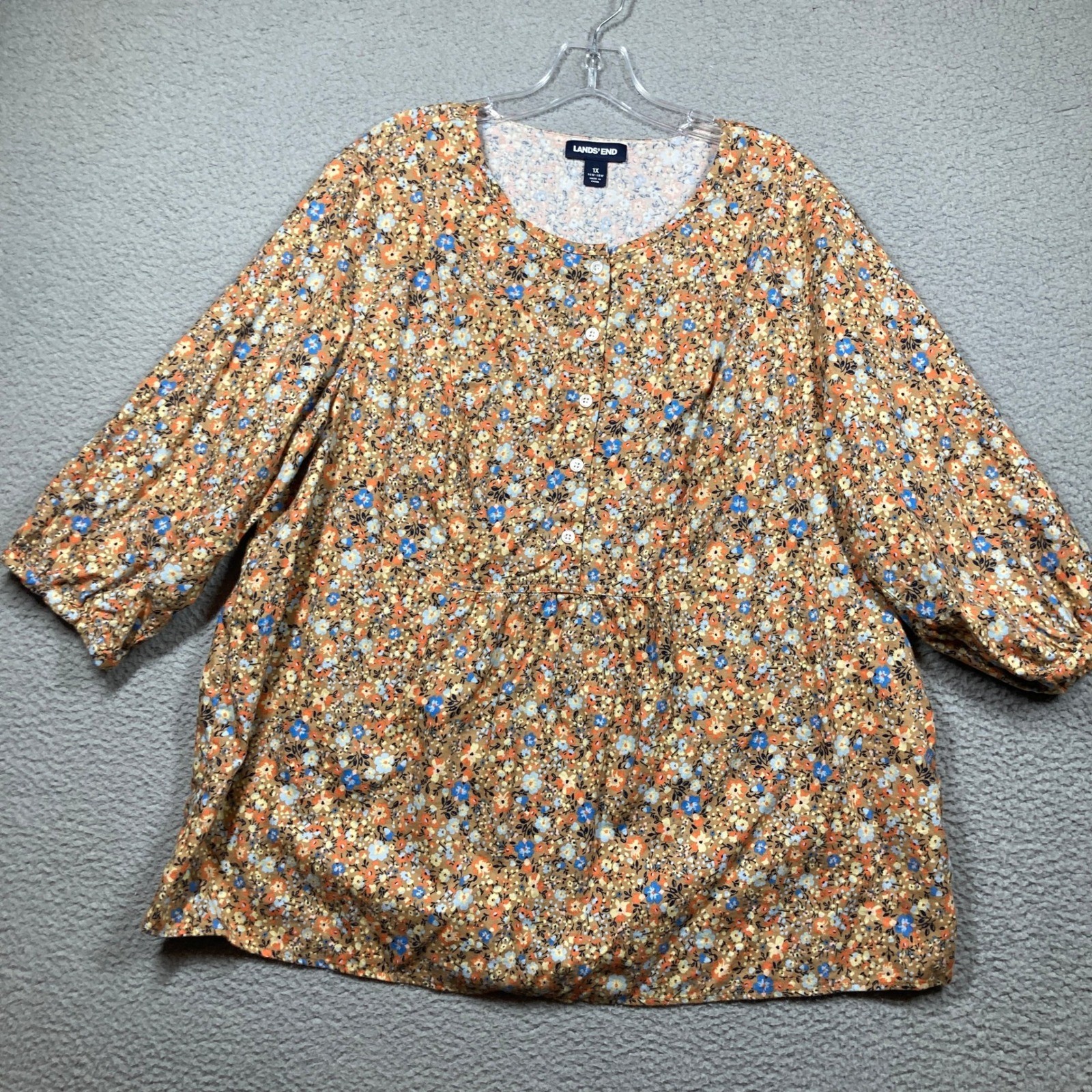 Lands’ End Blouse Women 1X Orange Floral 3/4 Sleeve Popover Cotton Blend