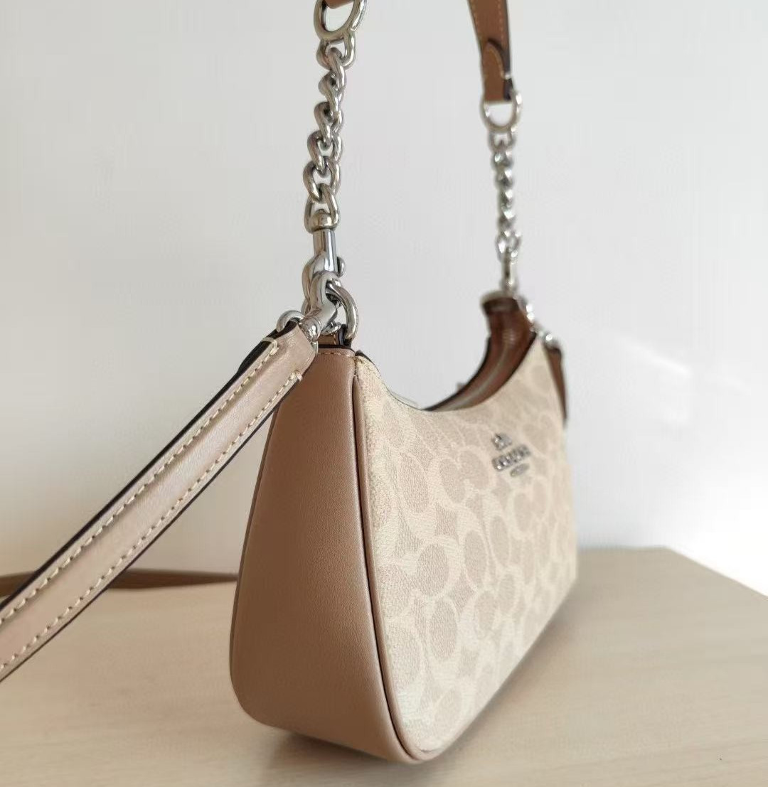 NWT Coach Teri Shoulder Bag In Signature Canvas Silver /Sand/Taupe CV933