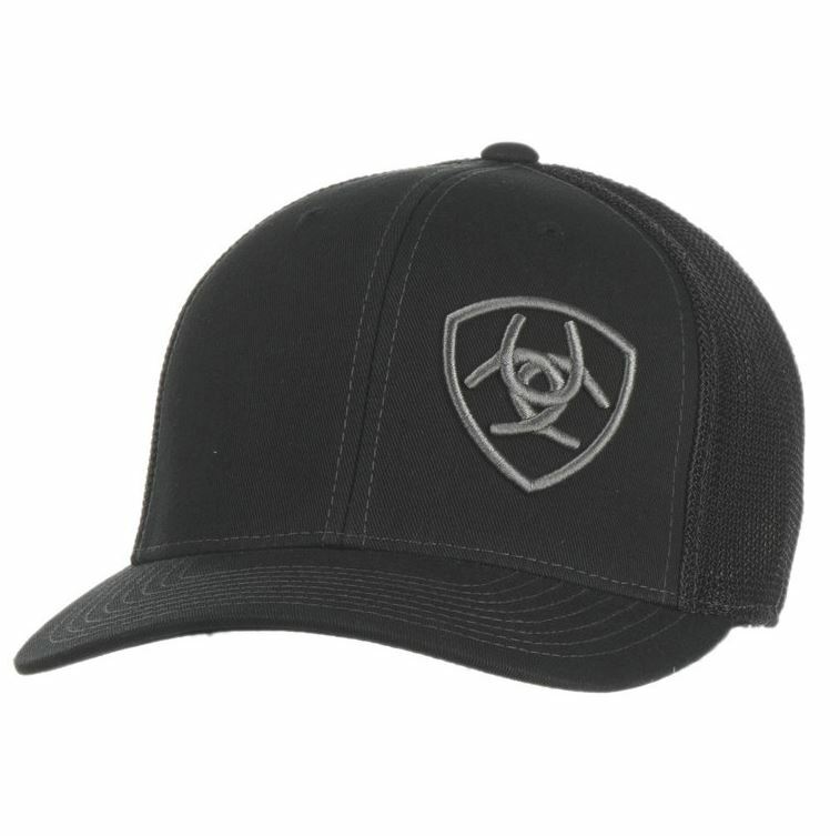 Ariat Mens Black with Grey Embroidered Logo Mesh Snap Back Cap