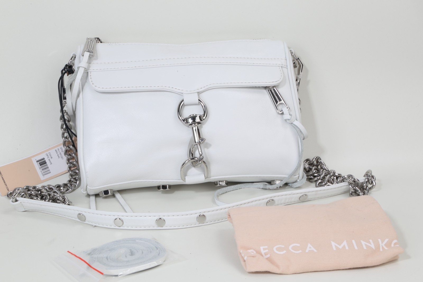 Rebecca Minkoff Mini MAC White Leather Crossbody Bag Silver Chain Dog Clip Purse