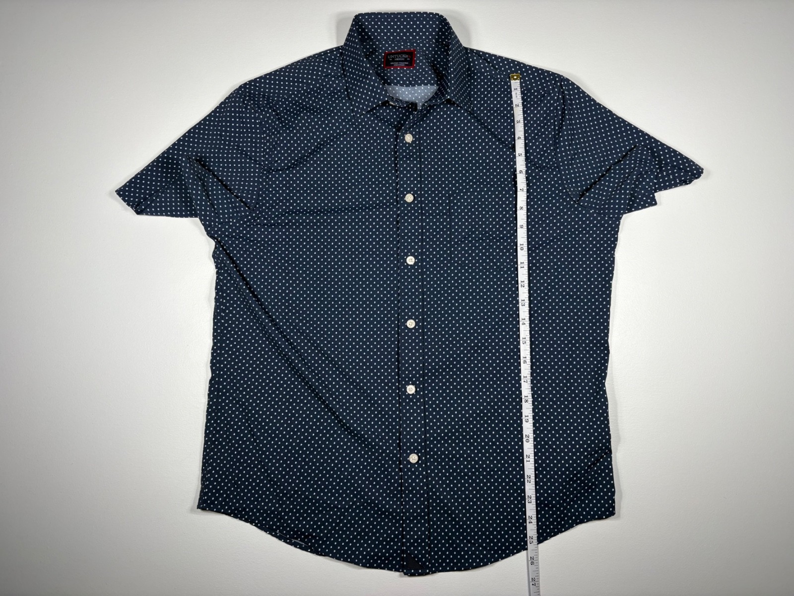 UNTUCKit Button Up Men Medium Navy Polka Dot Stretch Untucked Casual Shirt