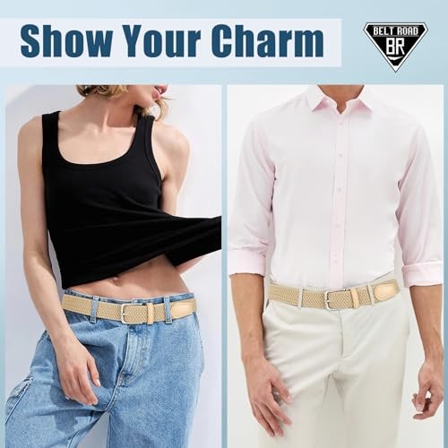 Elastic Braided Belt Men – Multicolored M: 34″-38″ Stretch Adjustable Beige
