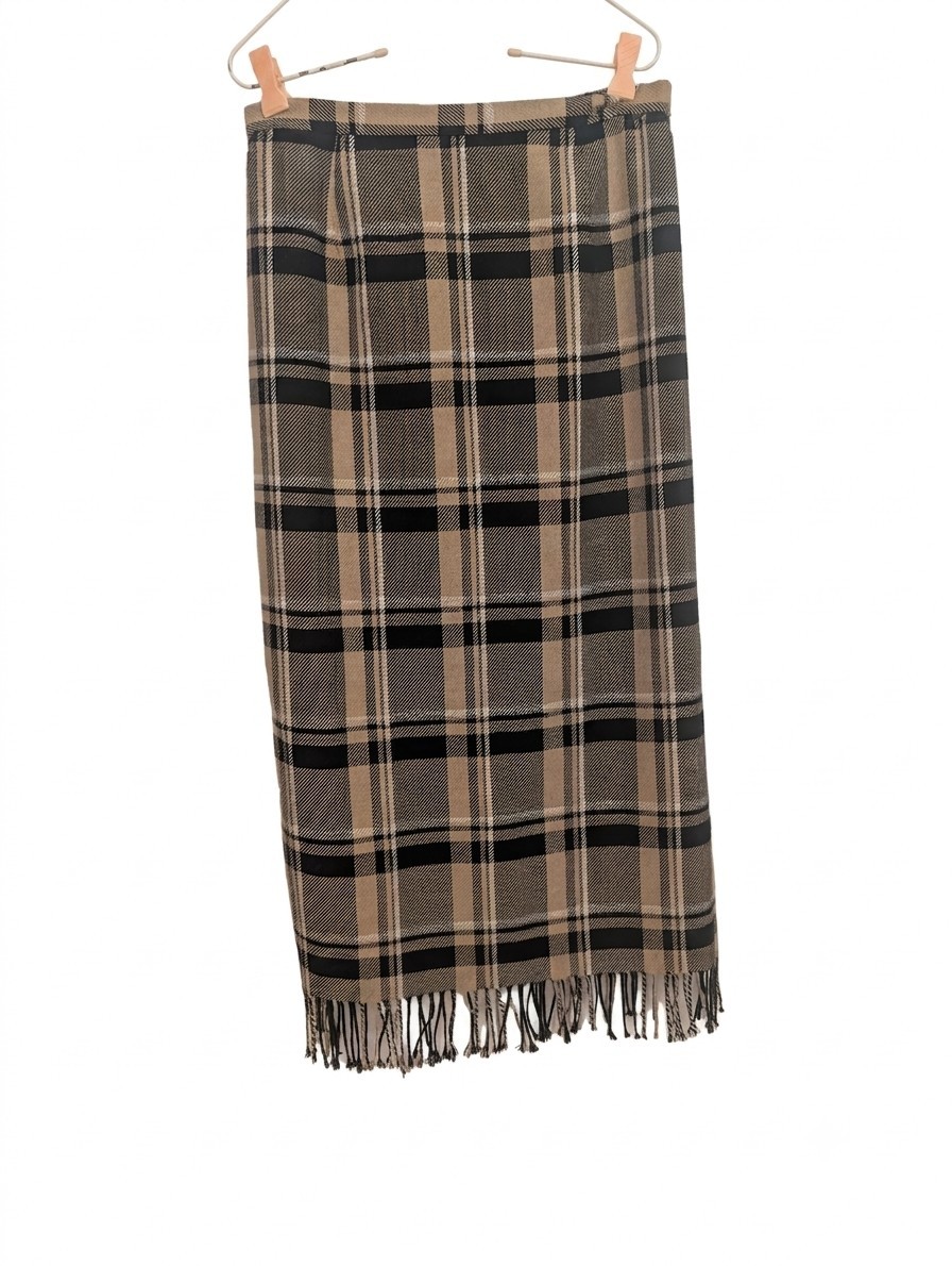 Vtg Womens Requirements Black Tan Plaid Fringe Wool Blend Lined Maxi Skirt 10P
