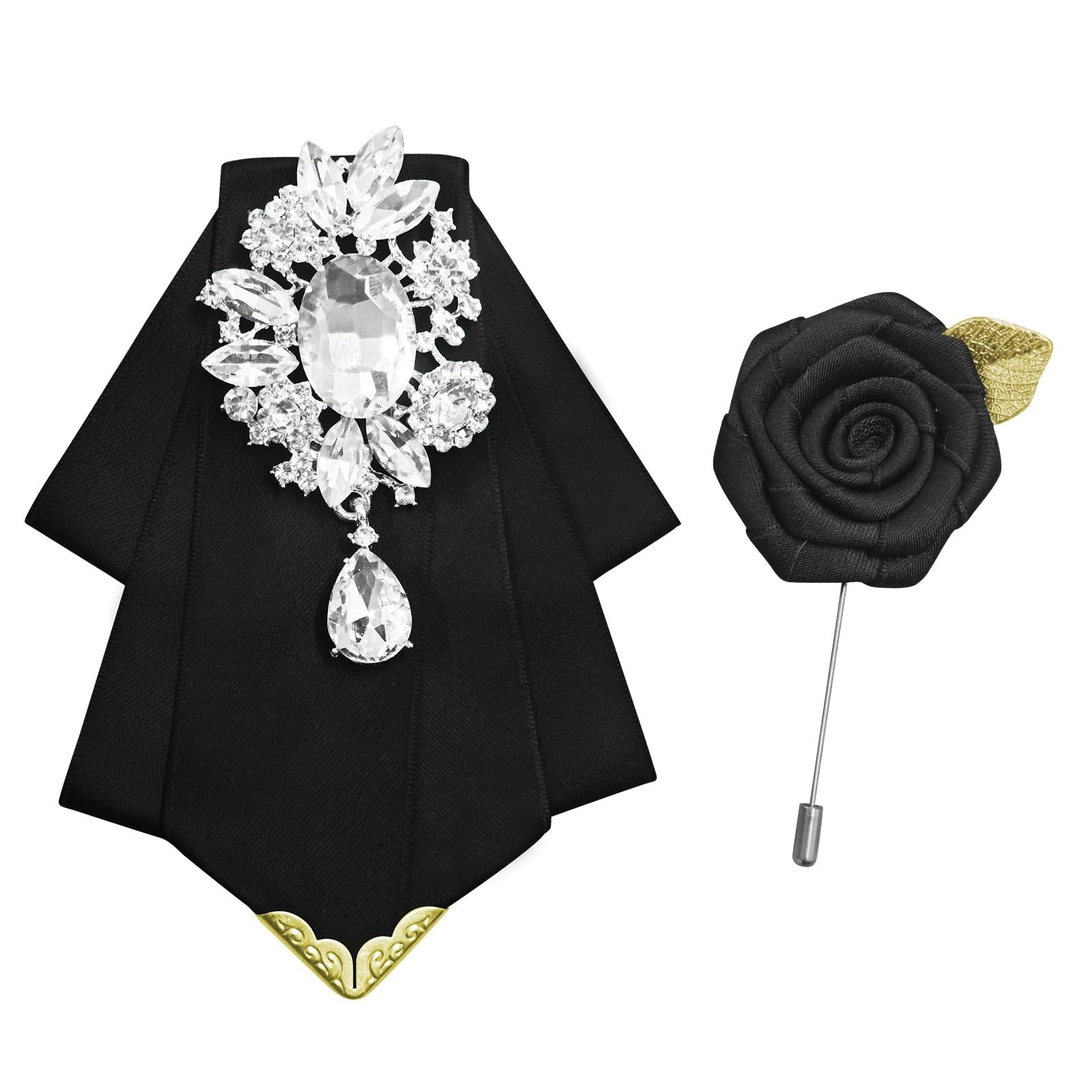 Rhinestone Bow Ties for Men & Women – Solid Bowtie with Brooch for Tuxedo, Weddi