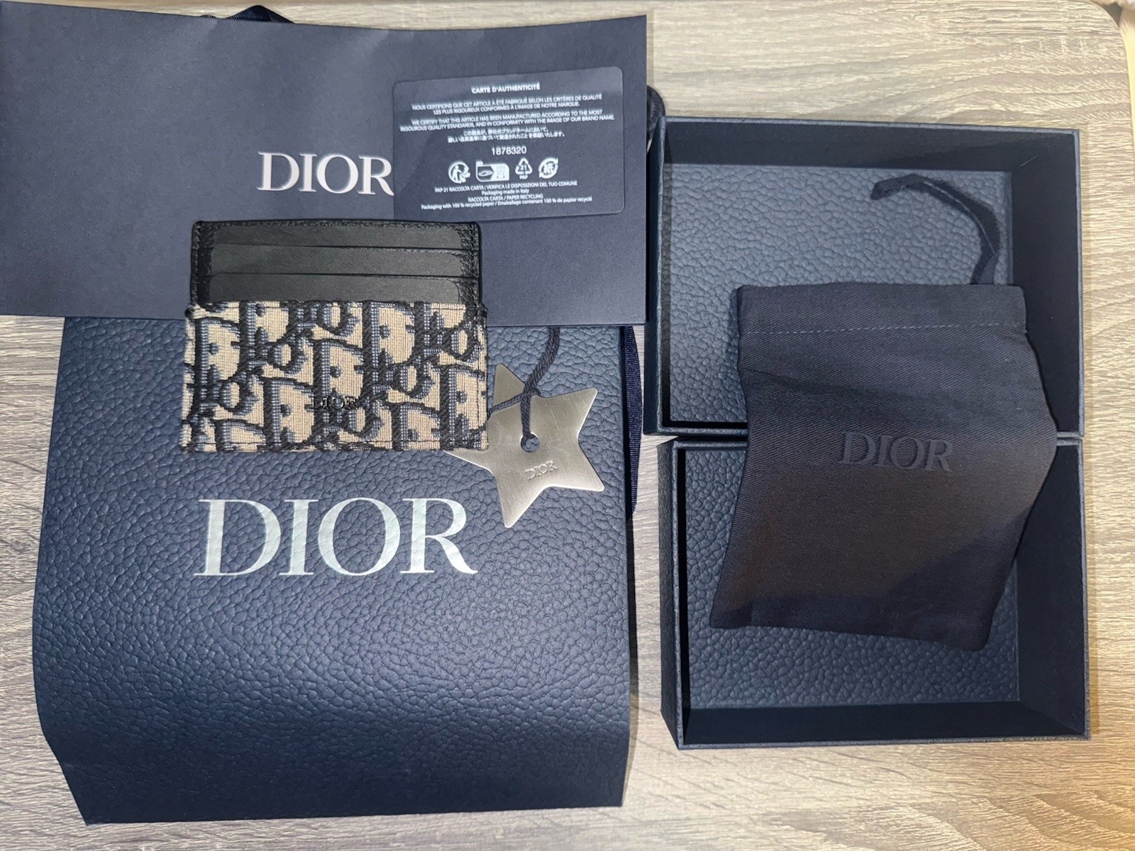 Dior Oblique Logo Card Holder Wallet Leather/Fabric Blue Beige Black w/Box