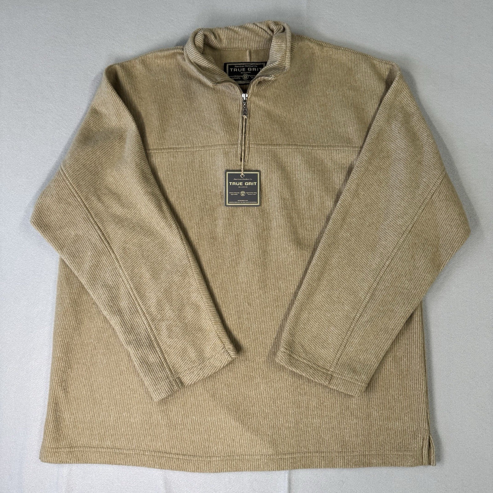 TRUE GRIT Mens XL 1/4 Zip Pullover Sweater Khaki Textured Casual Outdoor Soft