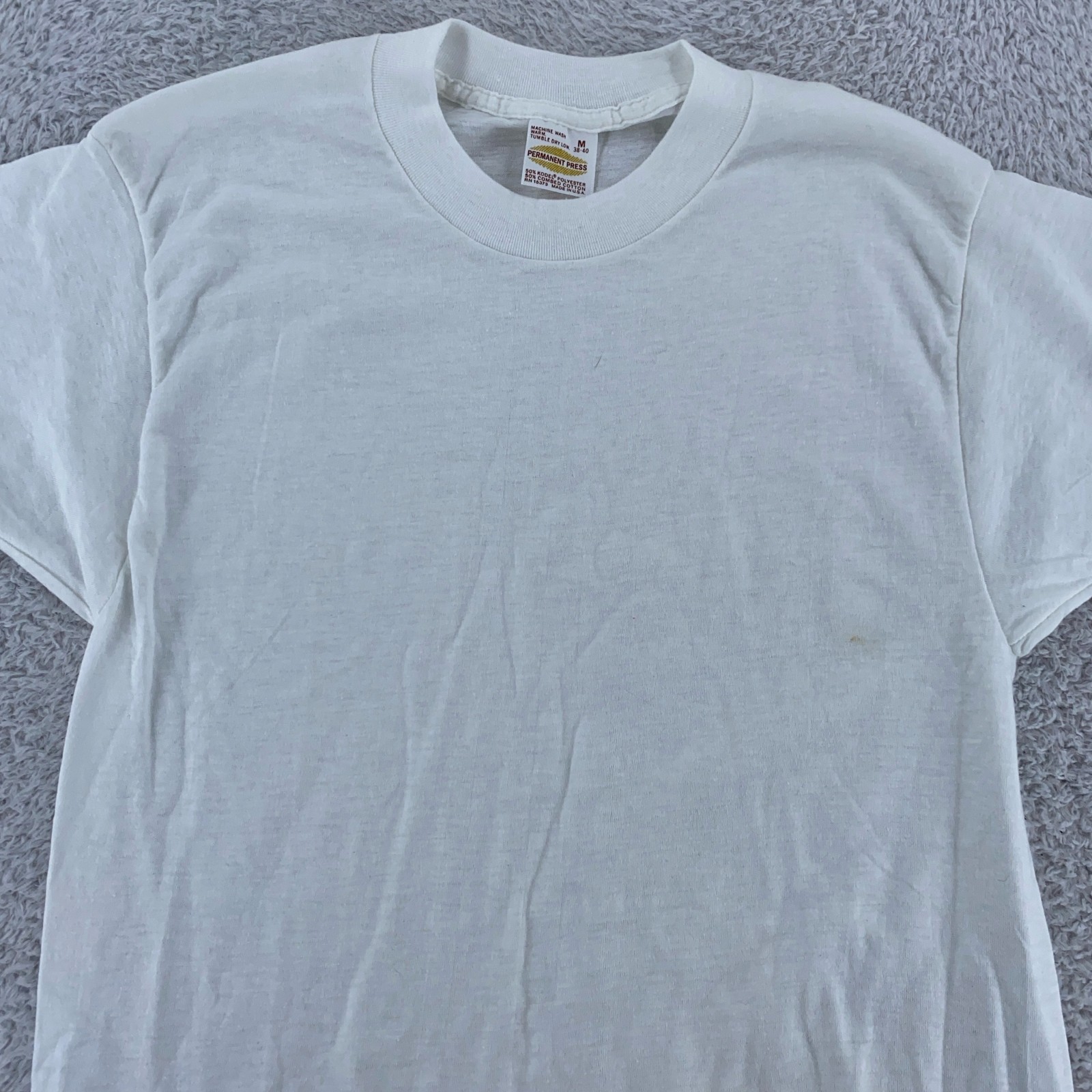 Vintage 80s Permanent Press Blank White Shirt Mens XS 50/50 Poly Cotton Made USA