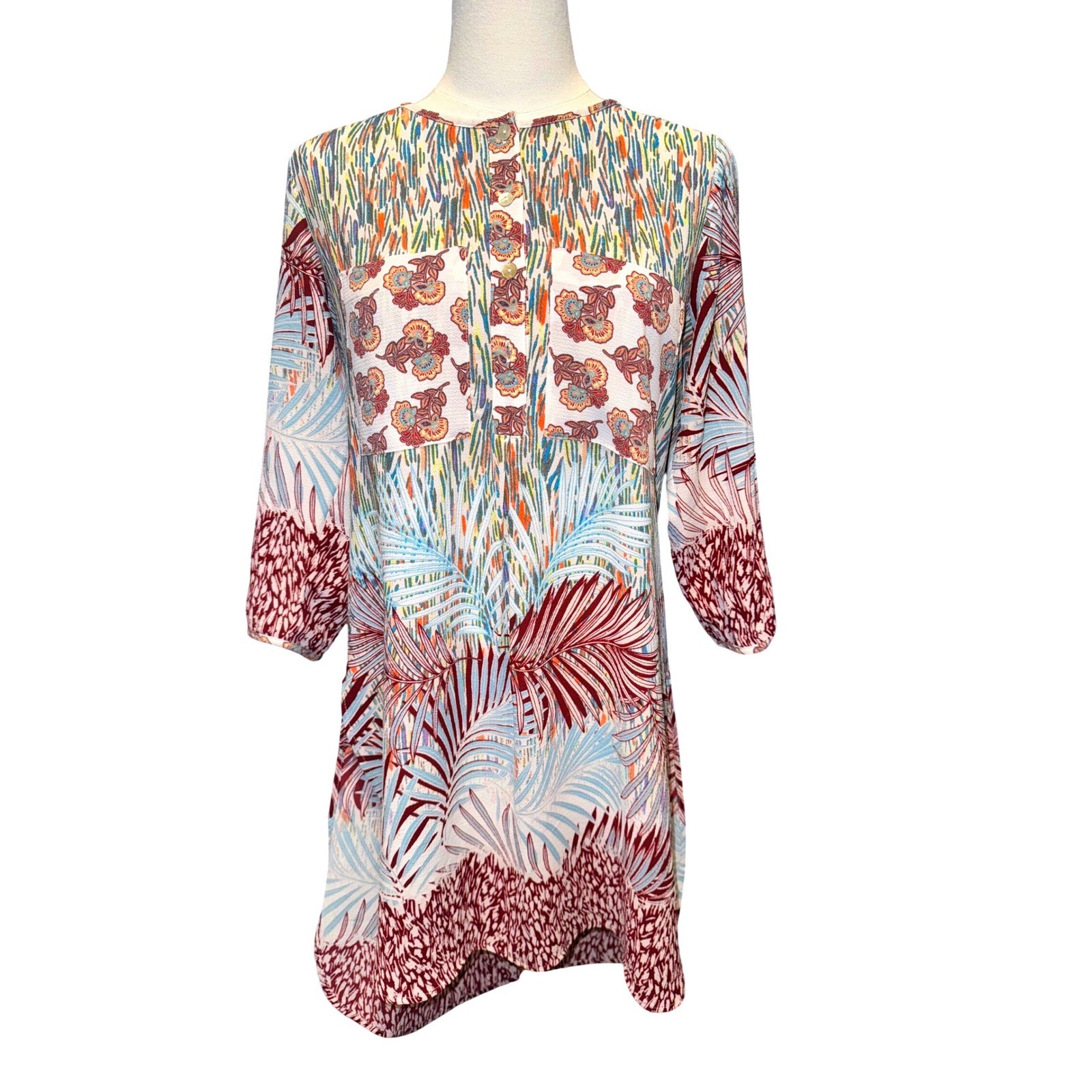 Fig and Flower Women Mixed Print Tunic Top 3/4 Sleeve Multicolor Small NWT