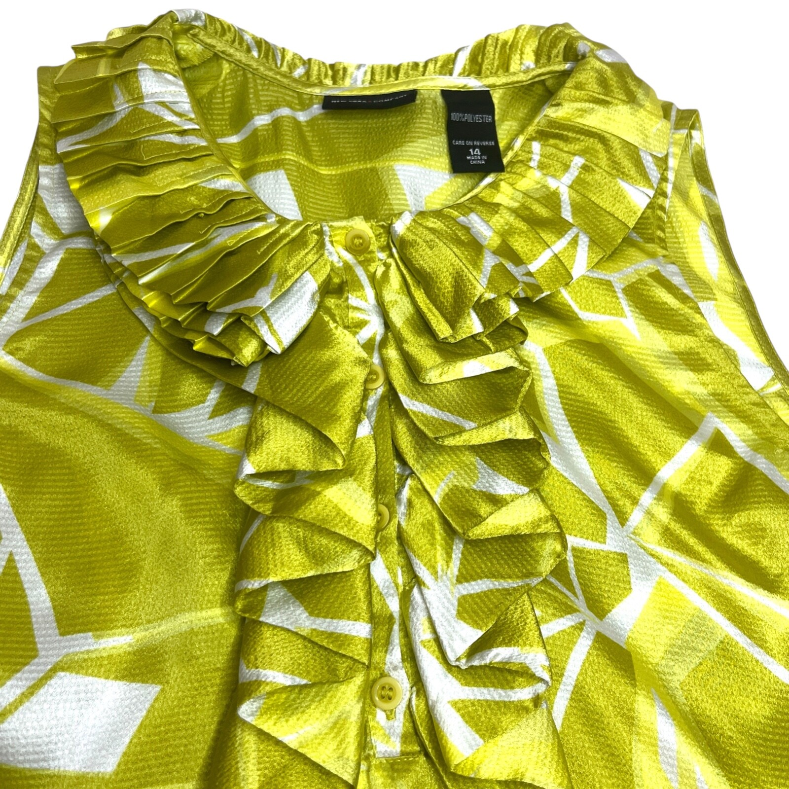 New York & Co Ruffle Front Sleeveless Blouse Geometric Corporate Regency Sz 14