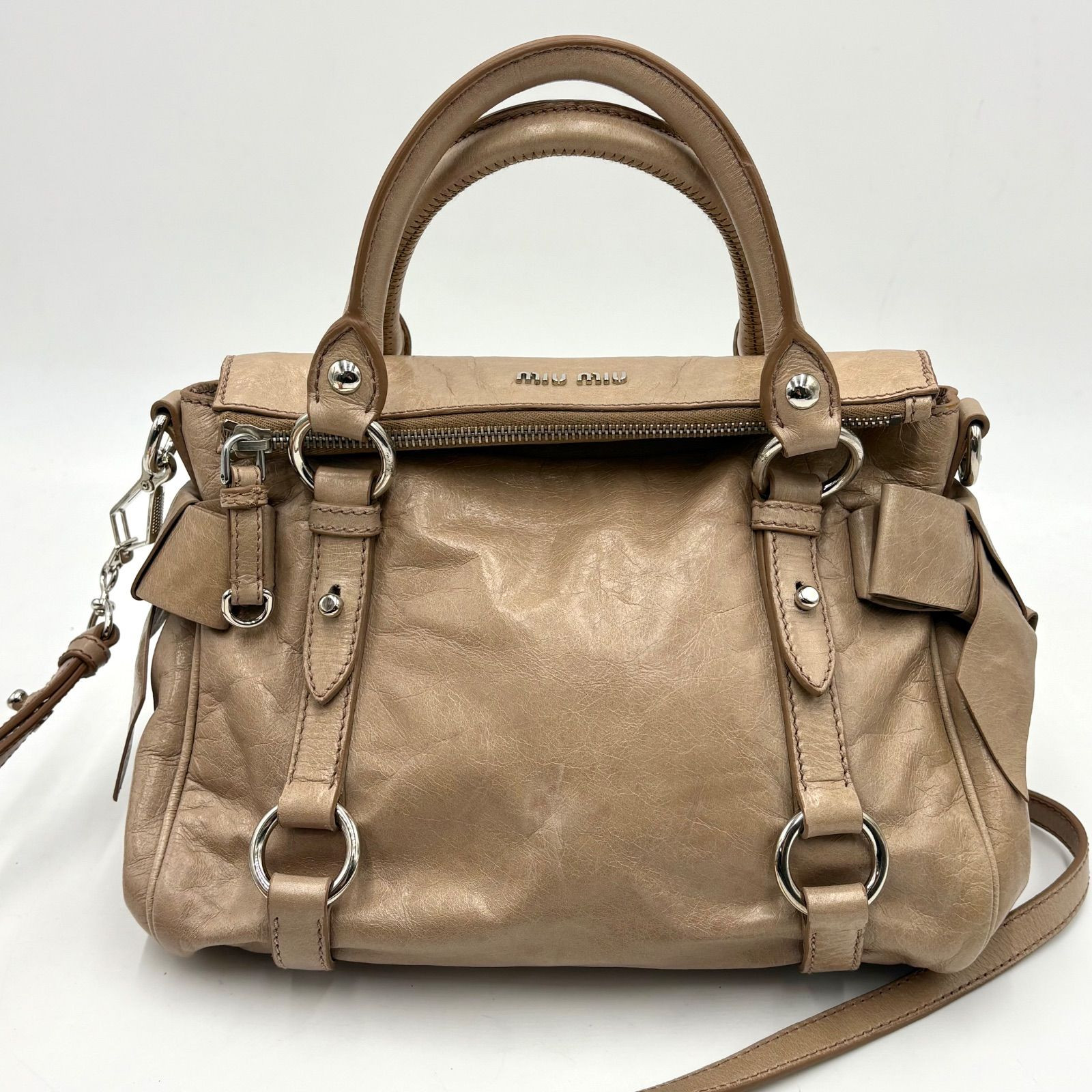 Miu Miu Vitello Shine 2Way Shoulder Bag Pink Beige Side Ribbon Y2K Handbag Auth