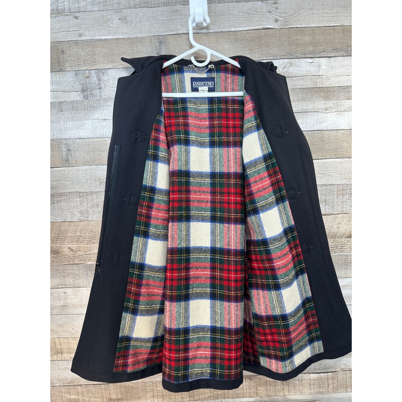 Lands End Womens Black Wool Duffle Coat Plaid Lined Hooded Toggle Button