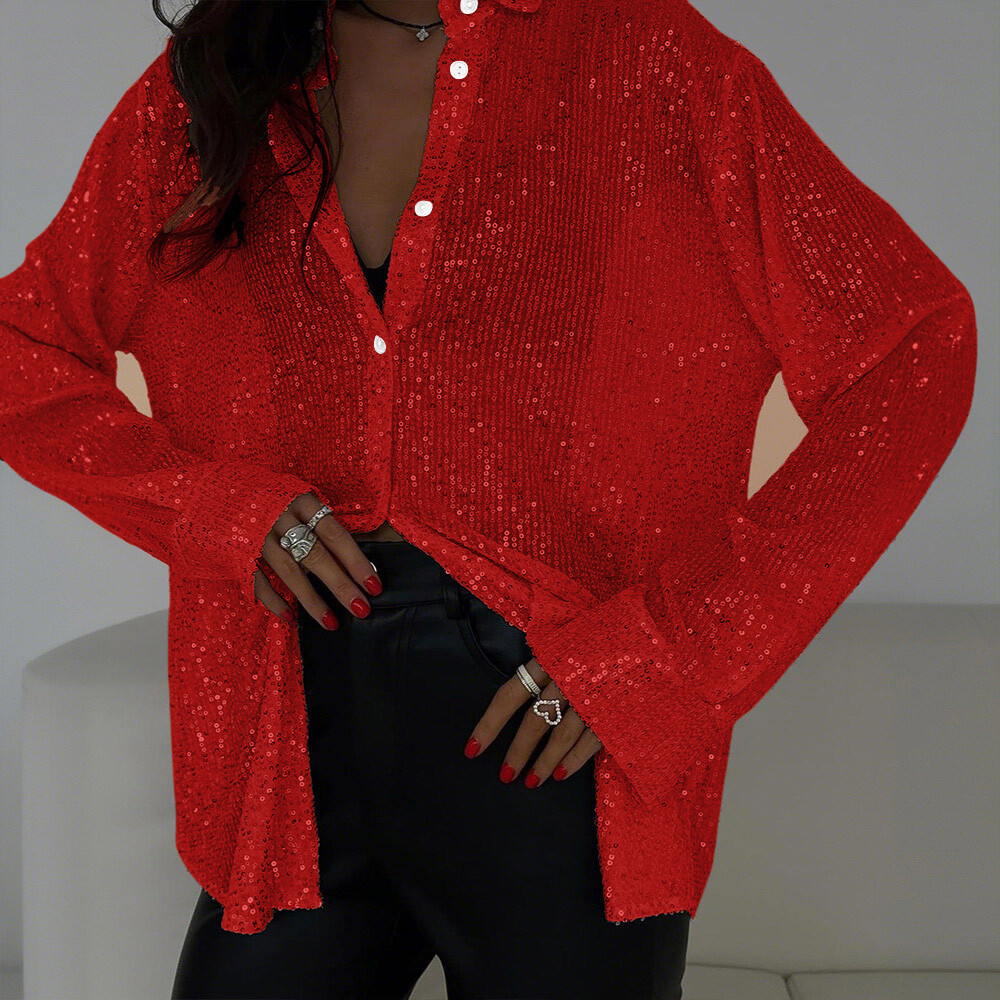 Womens Sequin Glitter Shiny Button Down Shirt Ladies Clubwear Party Tops Blouse