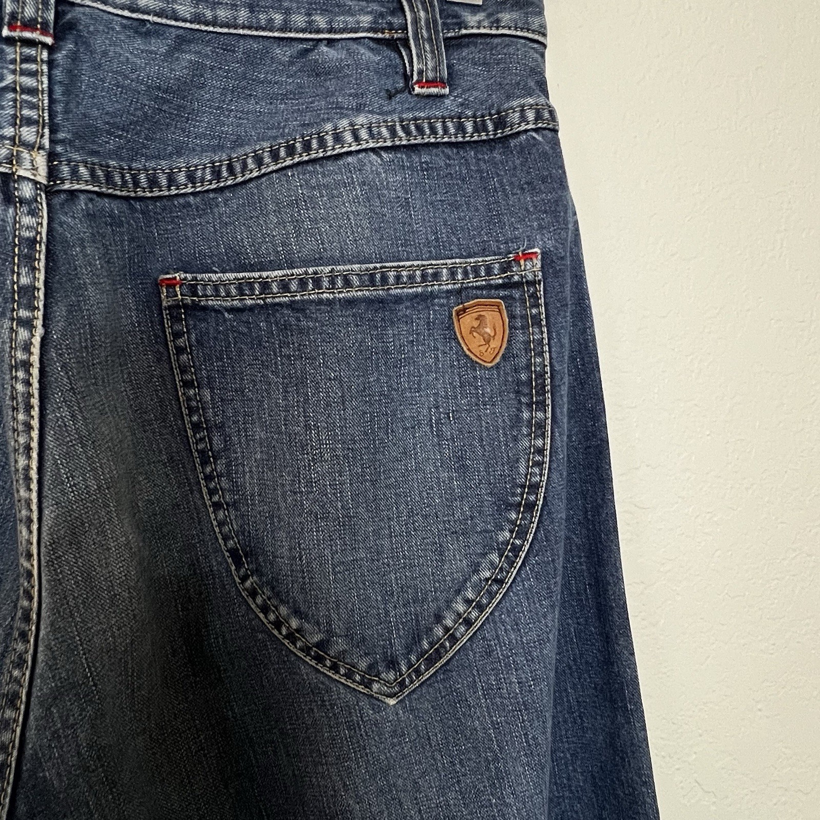 VTG Ferrari Button Fly Blue Denim Jeans Leather Logo Italian Men’s 33×30.5 IT 50