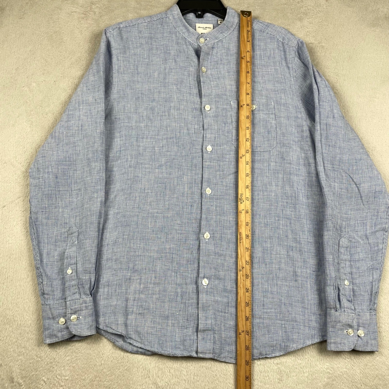 Murano Baird Mcnutt Shirt MensMedium Slim Fit Blue Linen Houndstooth Band Collar
