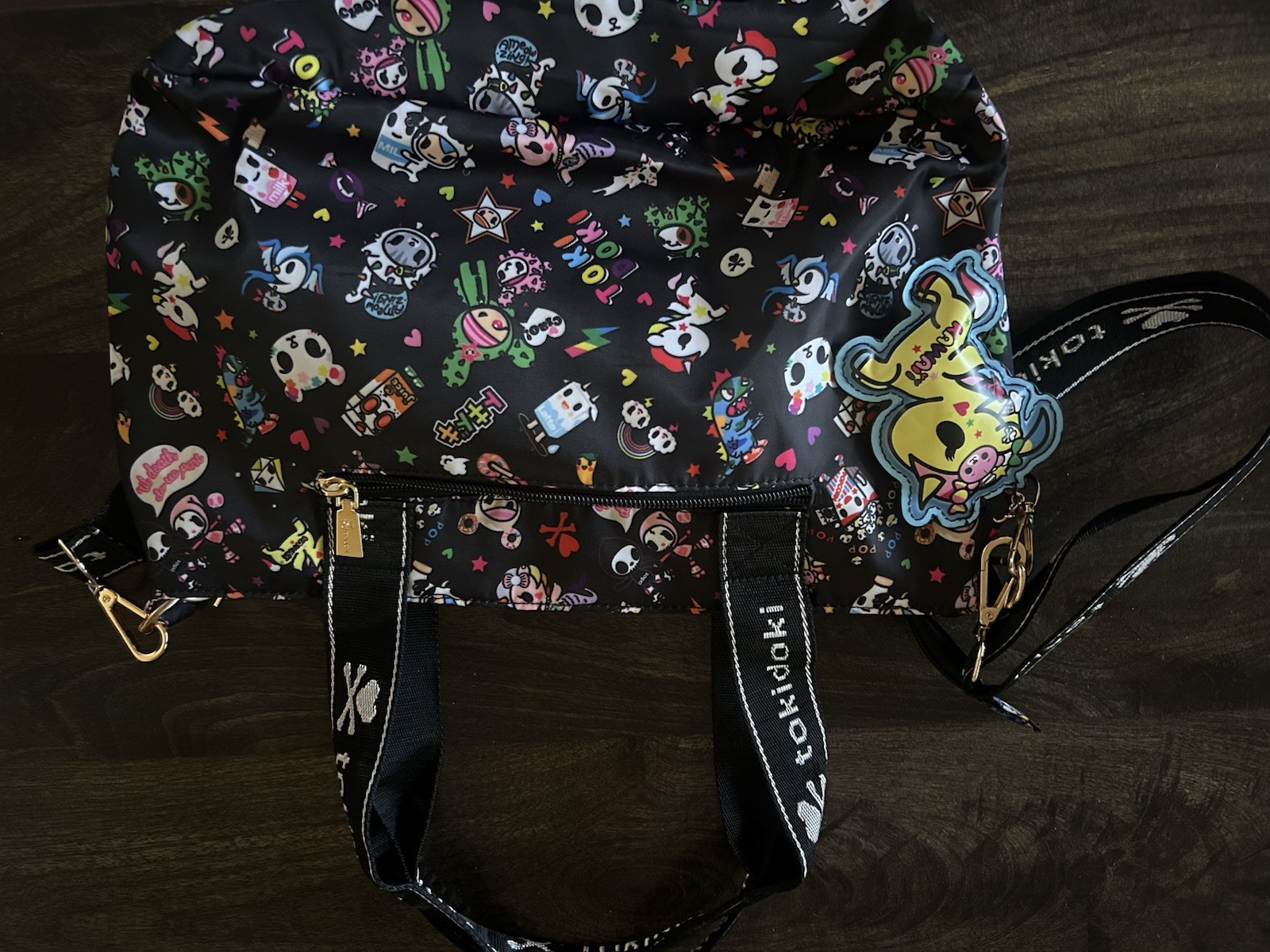 tokidoki Large Tote Bag Black/Multicolor Graphic Print Zip, Strap & Charm