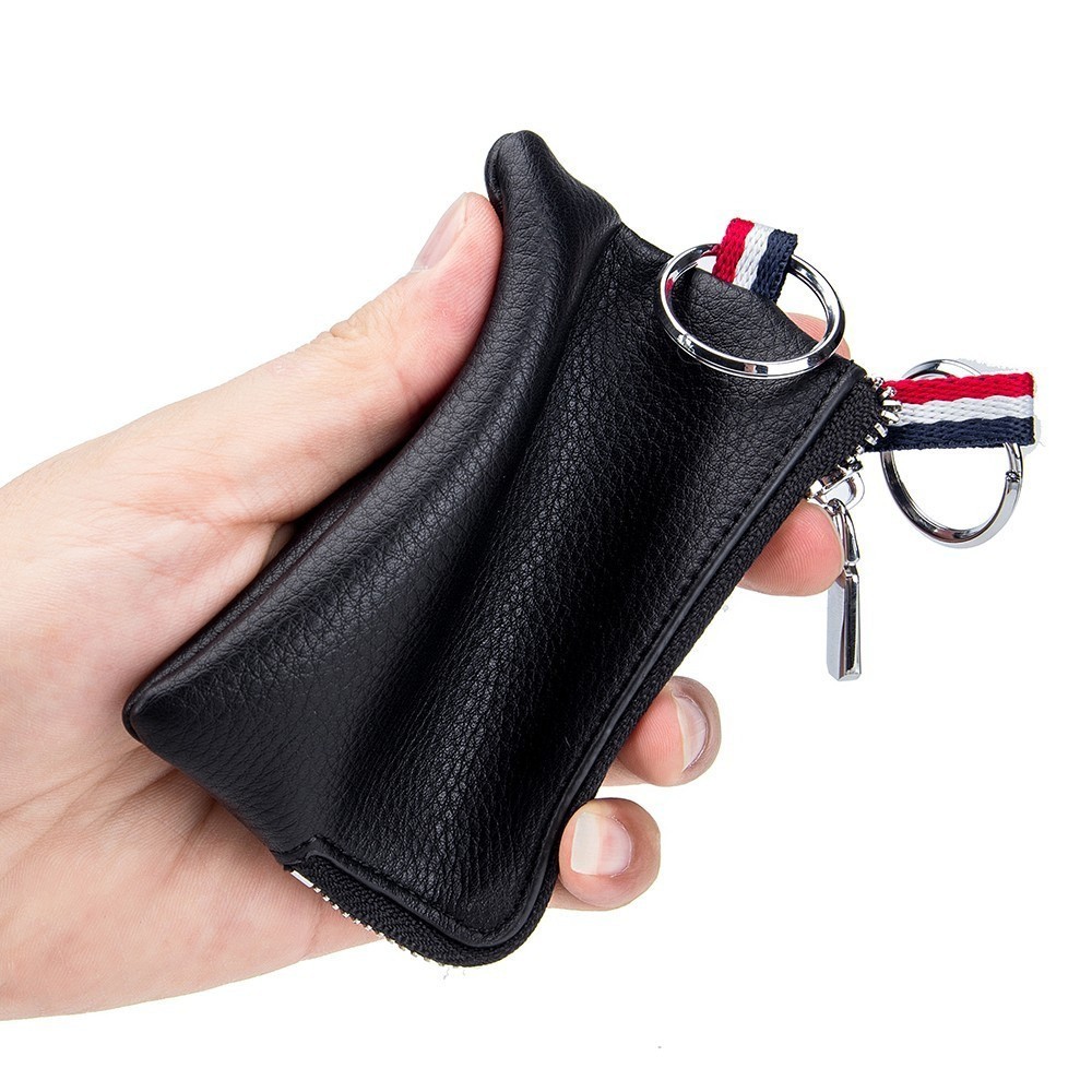 Genuine Leather Coin Purse Change Pouch With Zipper & Key Chain For Men Women