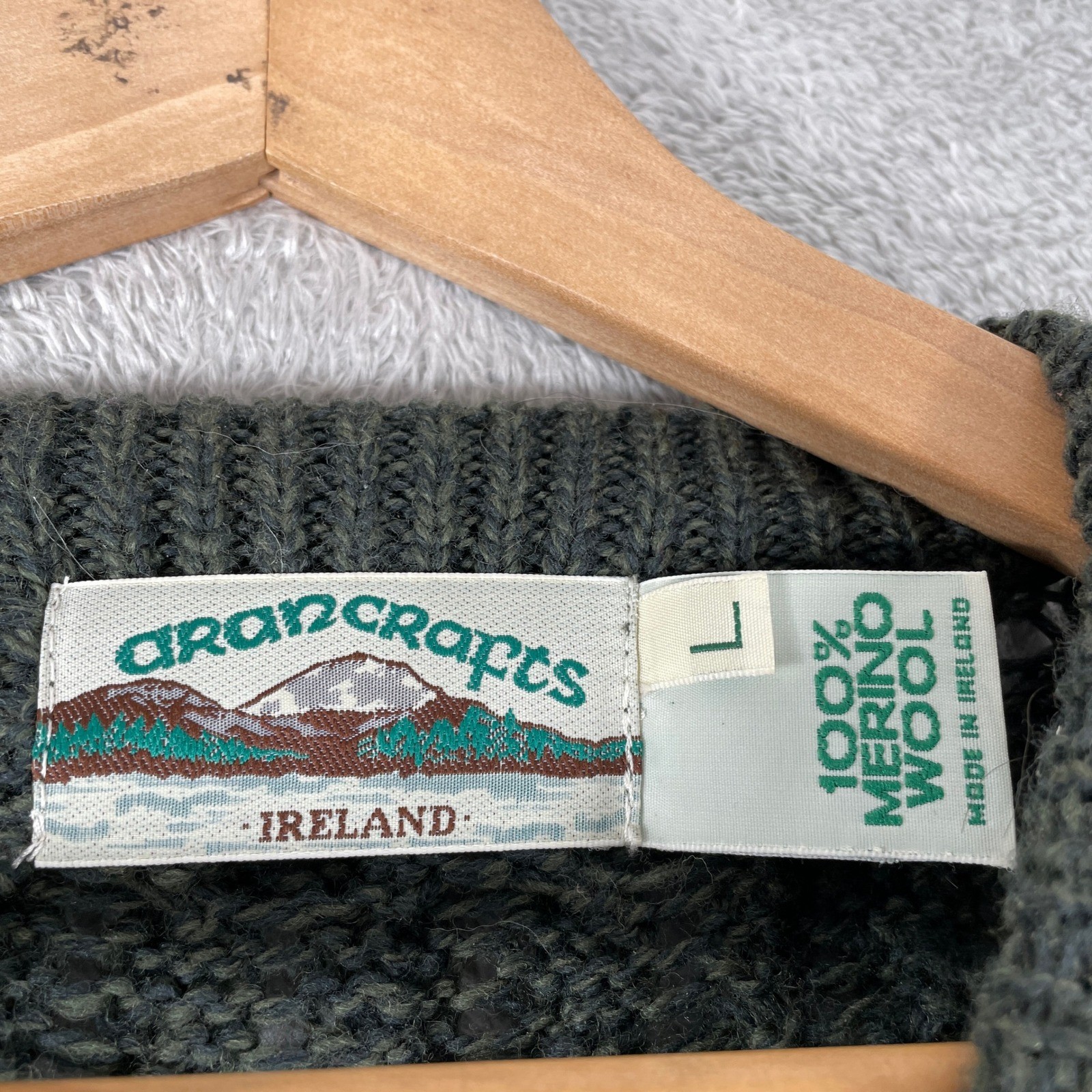 Aran Crafts Sweater Womens Large Green Merino Wool Cable Knit Irish Fisherman