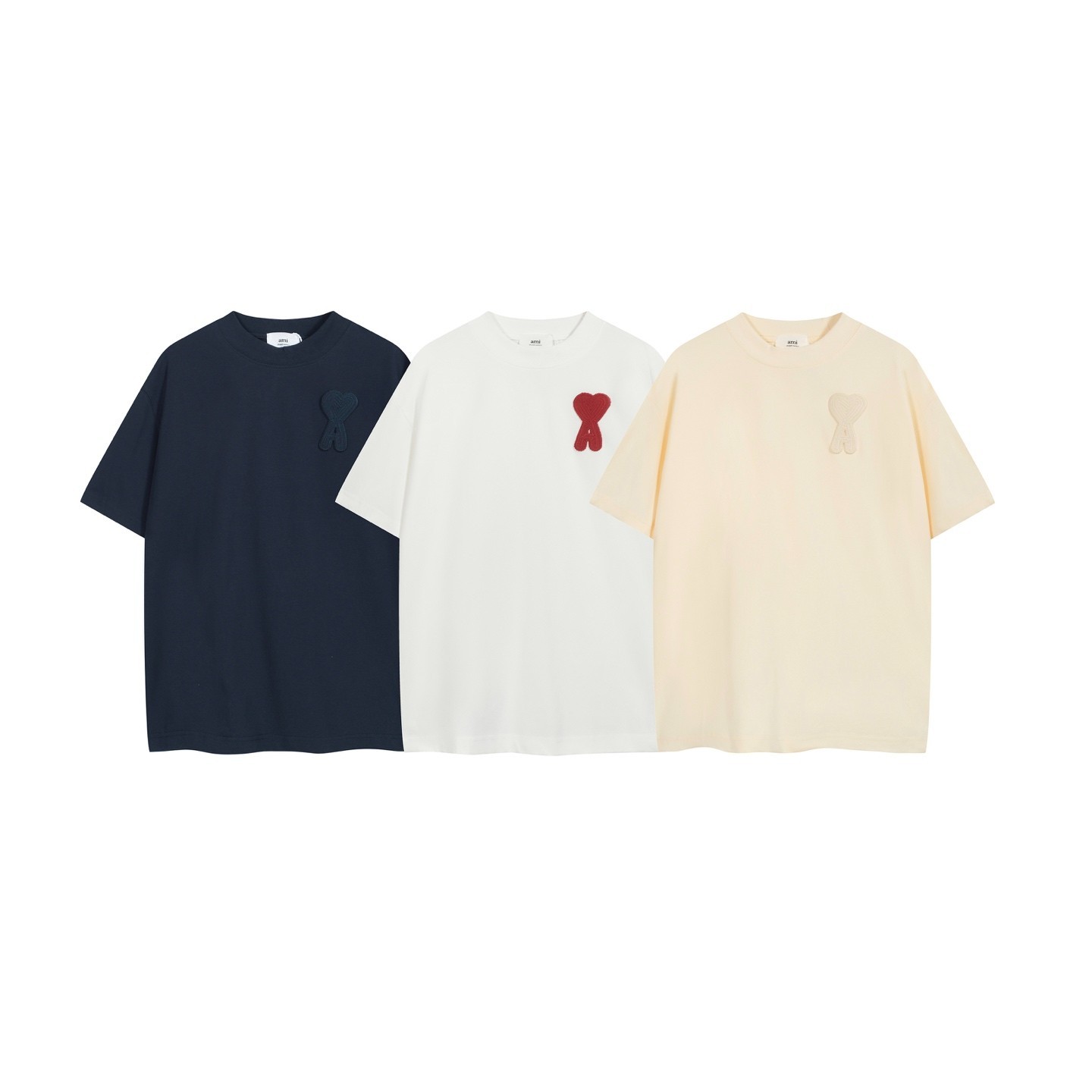 AMI Tee Unisex White & Navy blue & Beige Short Sleeved T-Shirt S-M-L-XL