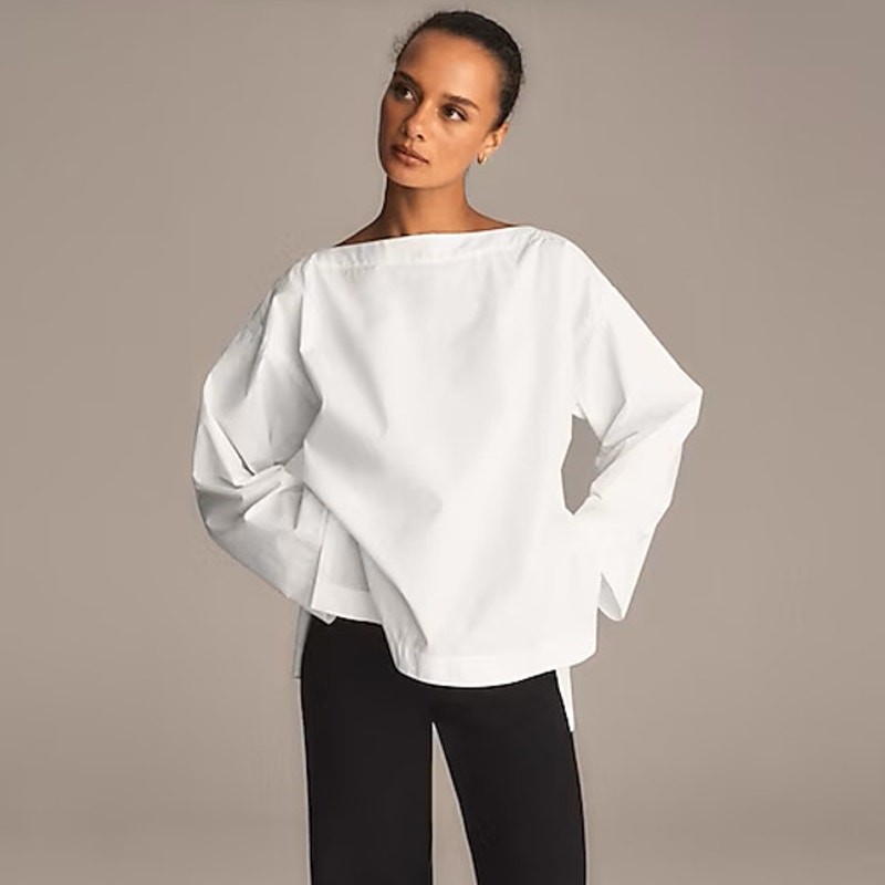 J.Crew Ciel Top WMNS M White Poplin Boatneck Side Button Waist Tie Long Sleeve