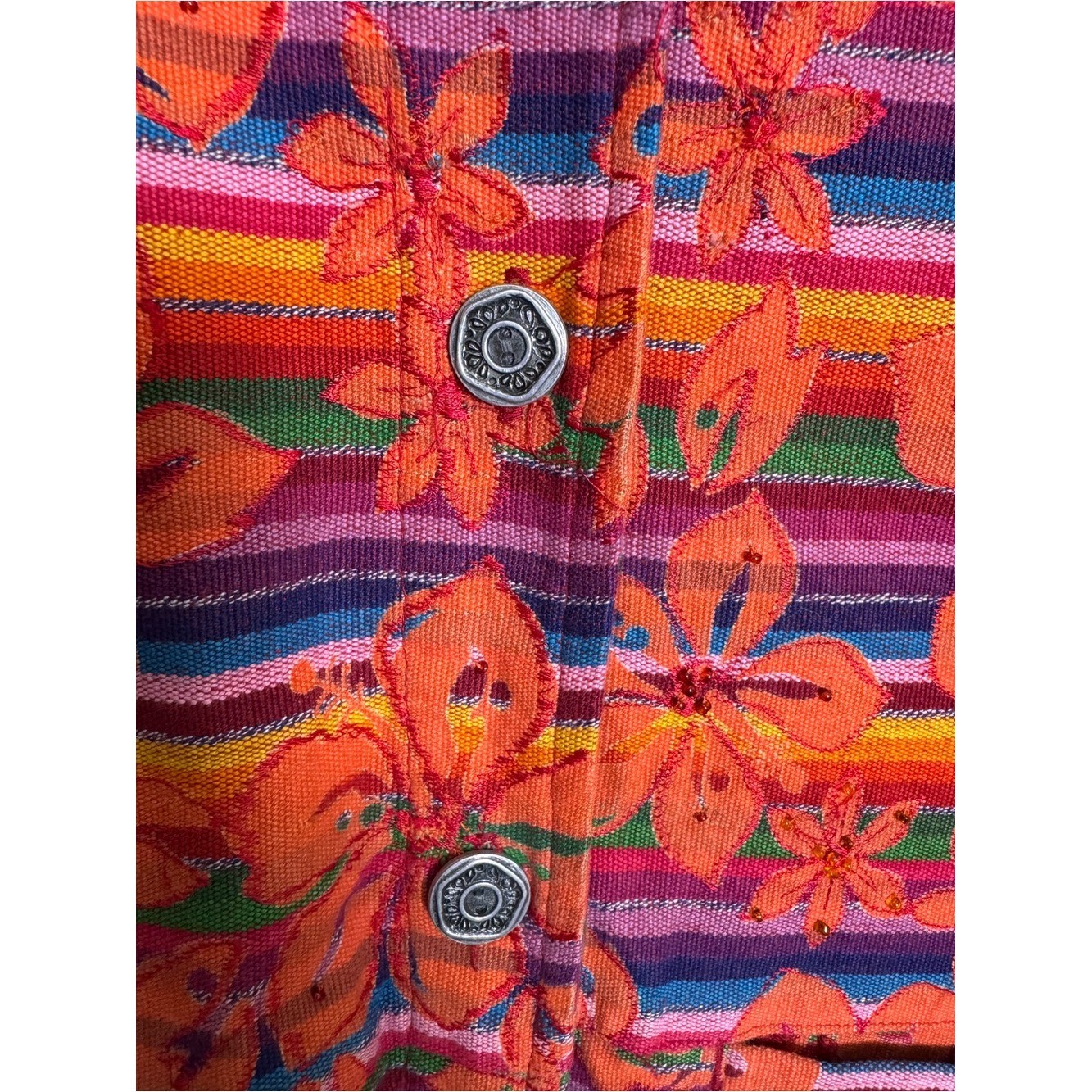 Chico’s Design Bright Orange Artsy Floral Stripe Button-Front Jacket Beaded