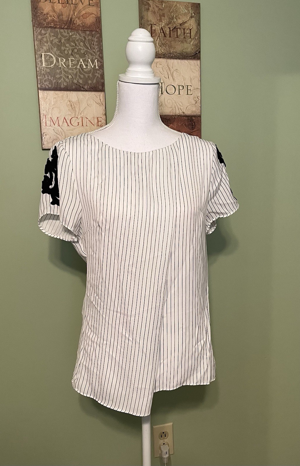 Worthington Blouse, White W/Black Pinstripes, Embellished Sleeves – Size M
