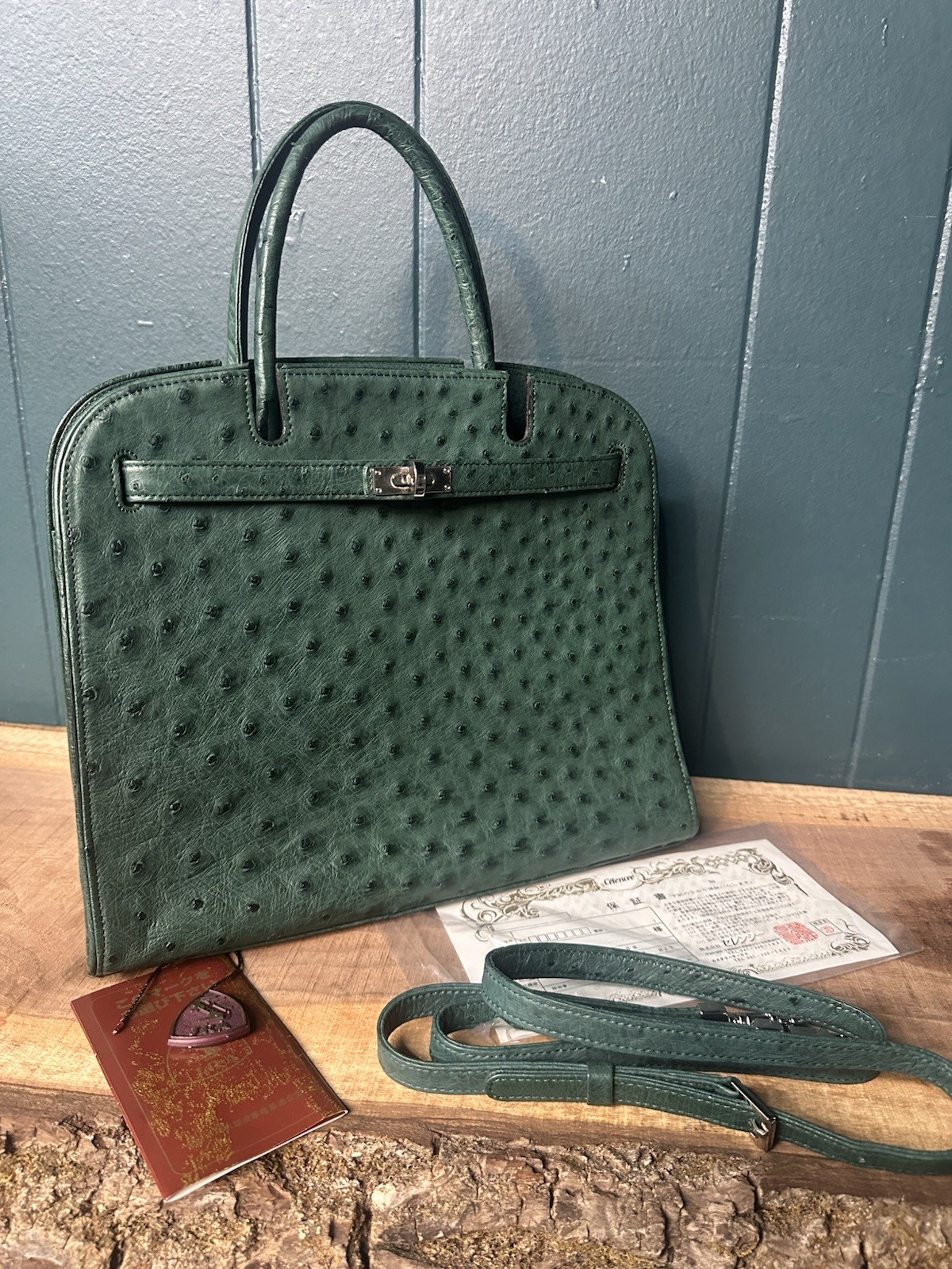 JRA Celencee Nicola Ferri Green Ostrich Leather Top Handle Bag