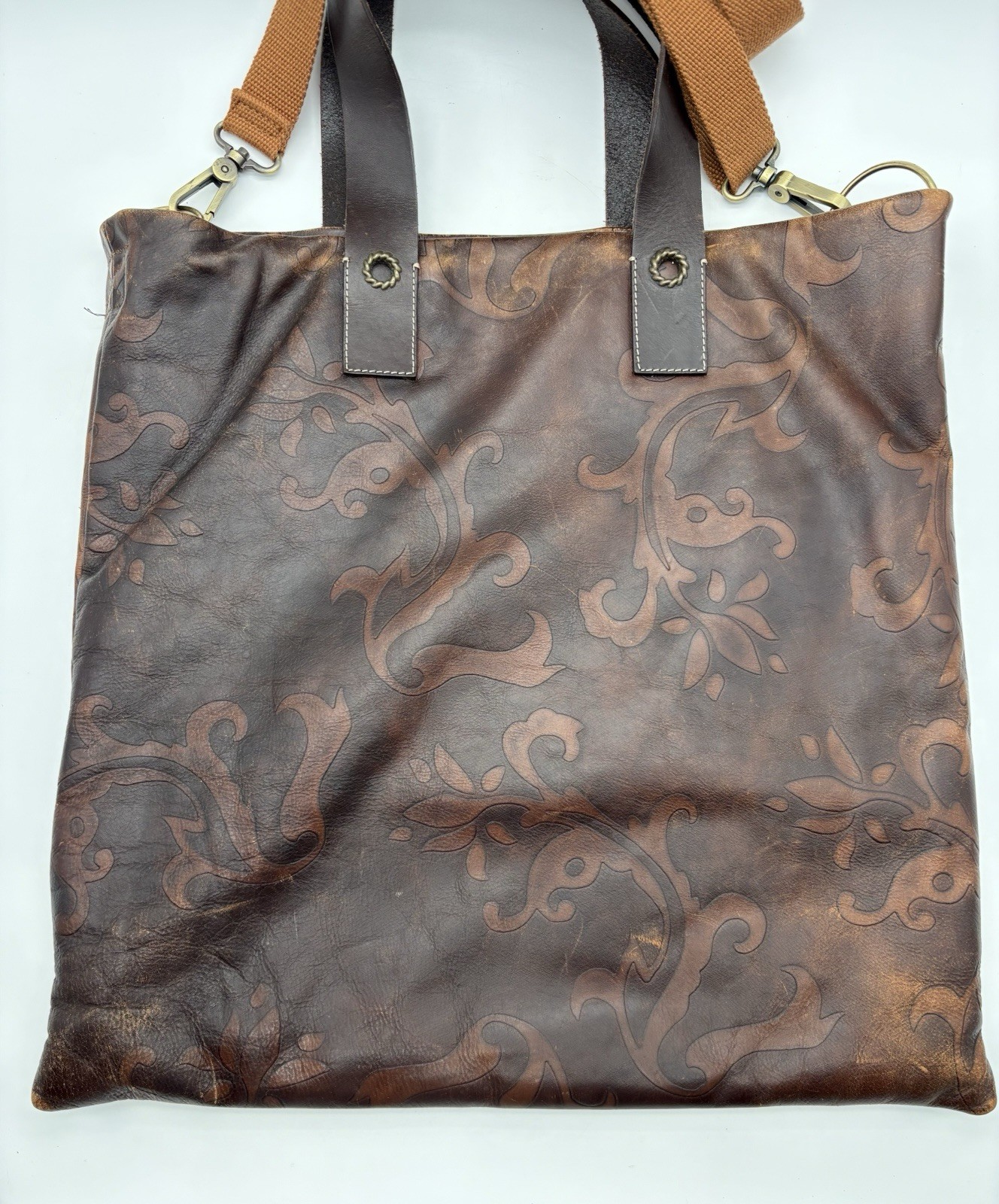 FALOR Italy Tote Bag, Tan Brown Leather Embossed Paisley Large Bag, 16″ x 16″