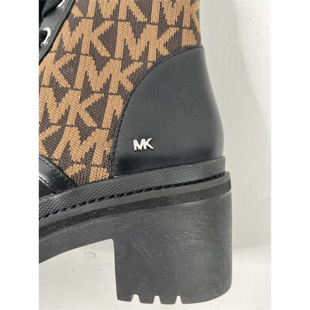 Michael Kors Brea Black Leather & Brown Logo Jacquard Combat Boots 6M