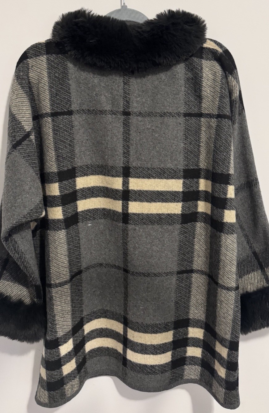 Women’s Gray Plaid Mid-Length Coat Faux Fur Trim Toggle Pockets Size L/XL